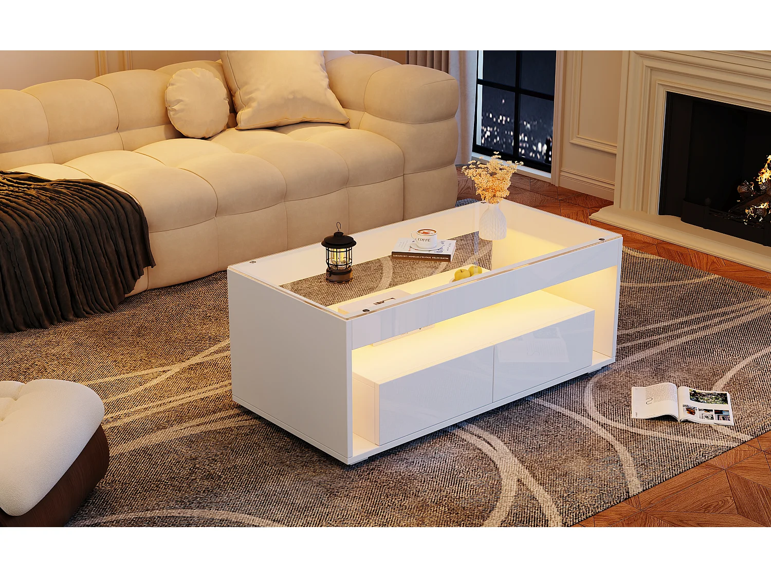 Glossy coffee table 100x50x40 cm - with 2 drawers - with LED lighting - Glass top - White