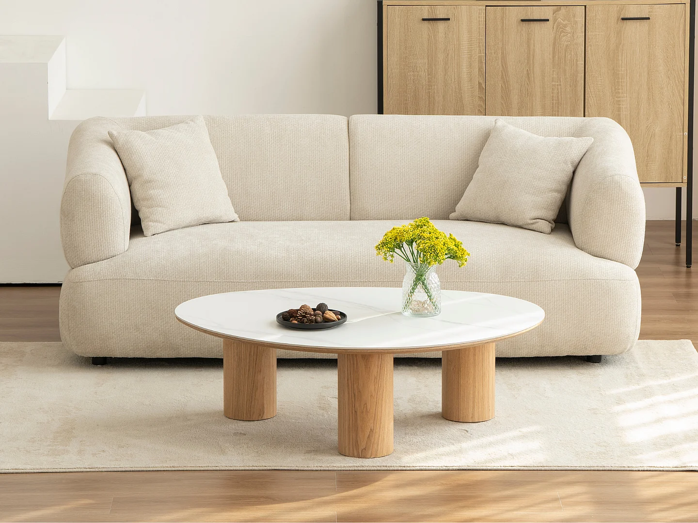 Table basse Dona - Bois naturel avec plateau en céramique finition marbre blanc 110 cm - Homeluxury