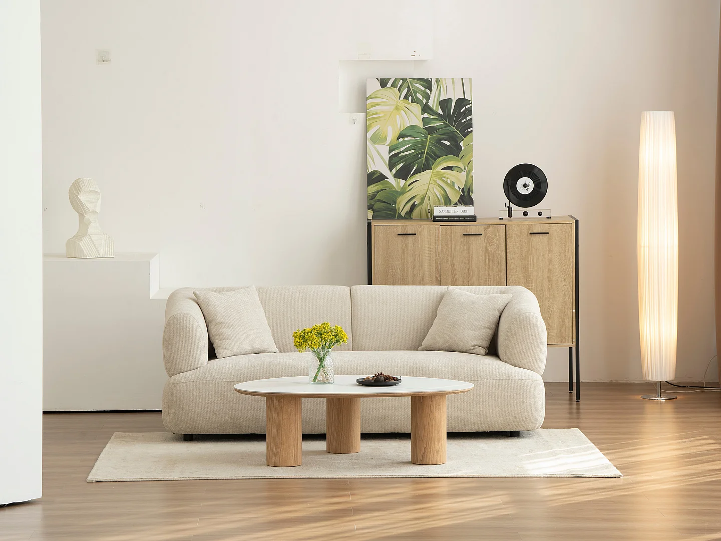 Table basse Dona - Bois naturel avec plateau en céramique finition marbre blanc 110 cm - Homeluxury