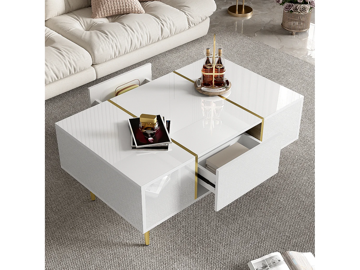 Modern coffee table - 2 drawers - MDF - White