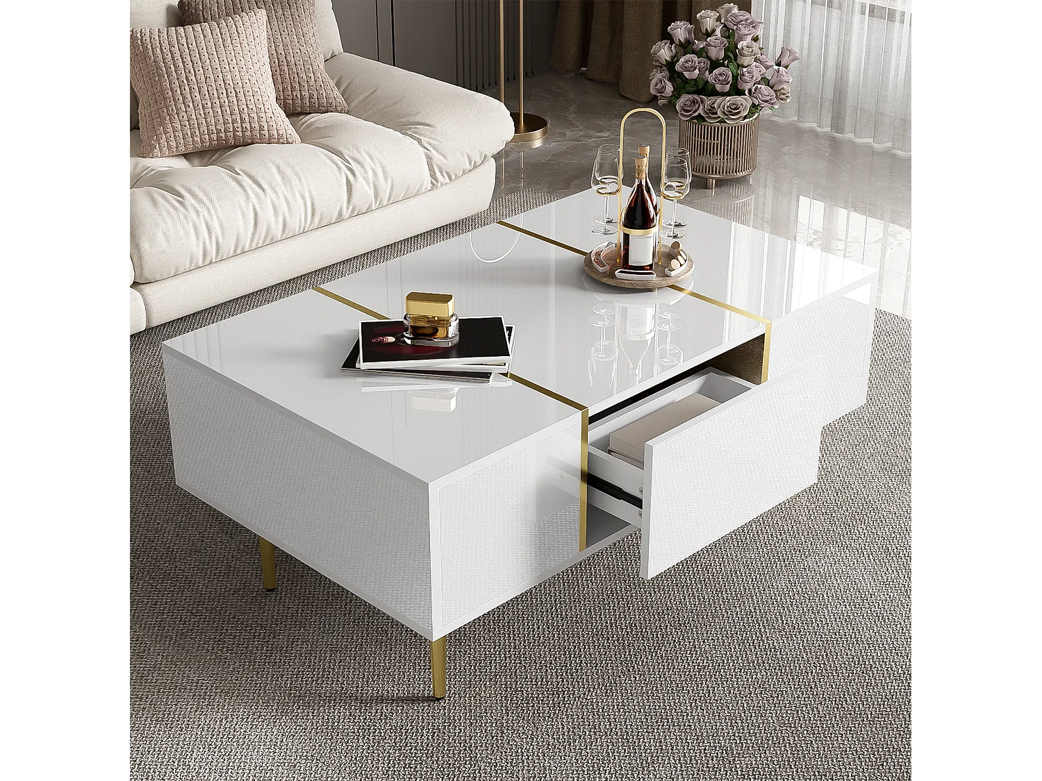 Modern coffee table - 2 drawers - MDF - White
