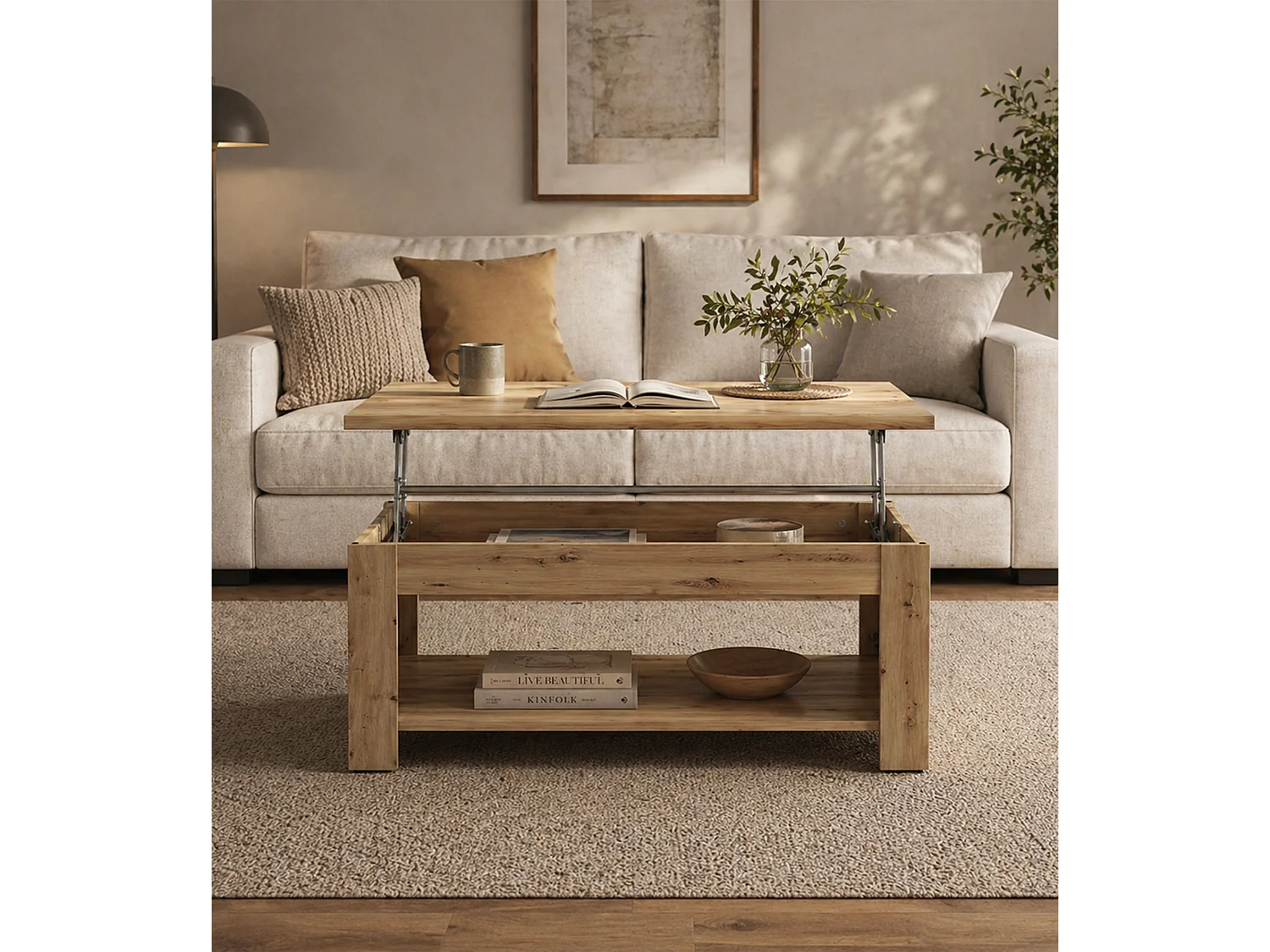 Mesa de centro elevable de 45-66x110x65 cm de madera en color roble artisan Dumi