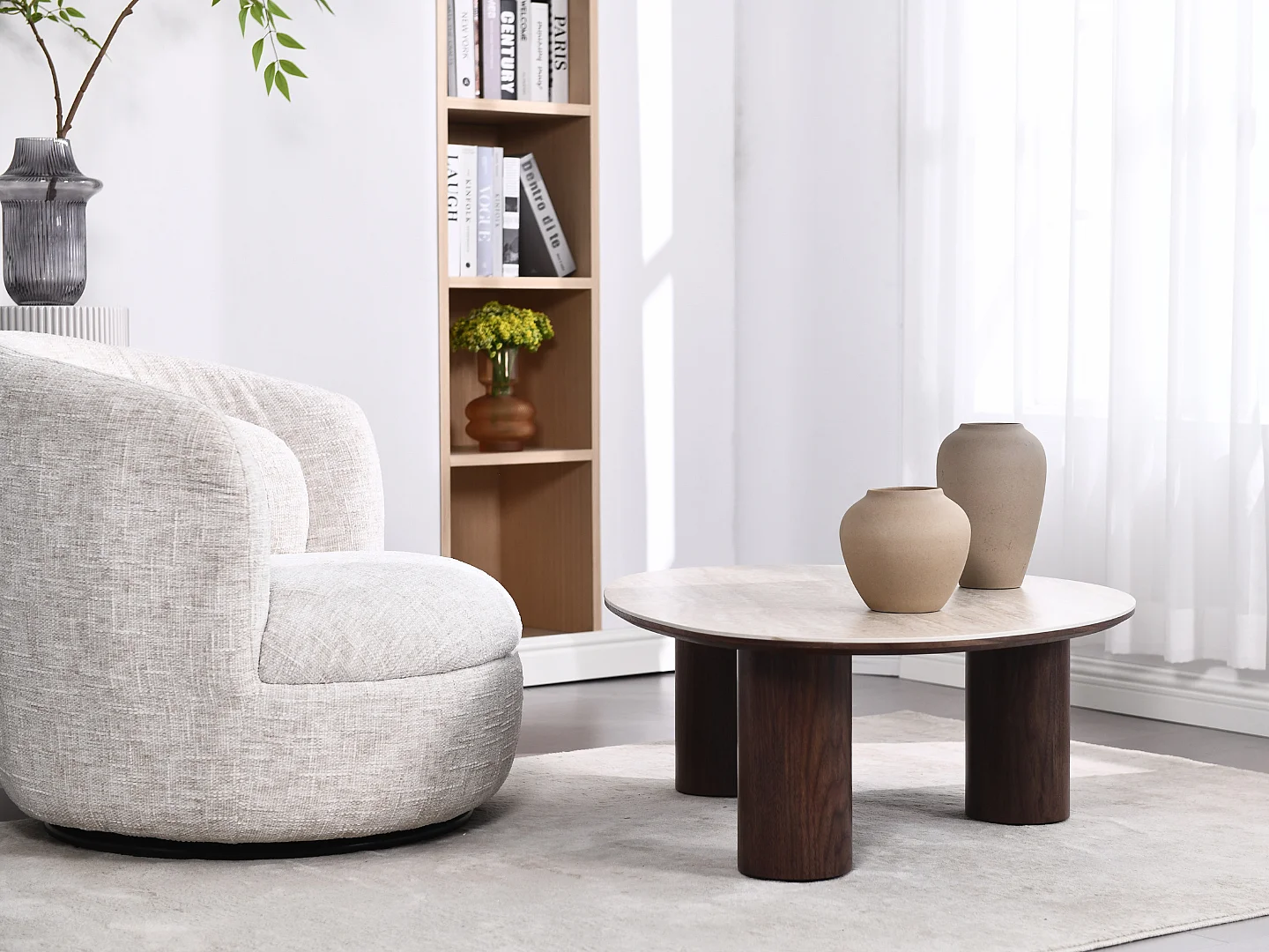 Table basse Dona - Bois naturel avec plateau en céramique finition travertin 110 cm - Homeluxury