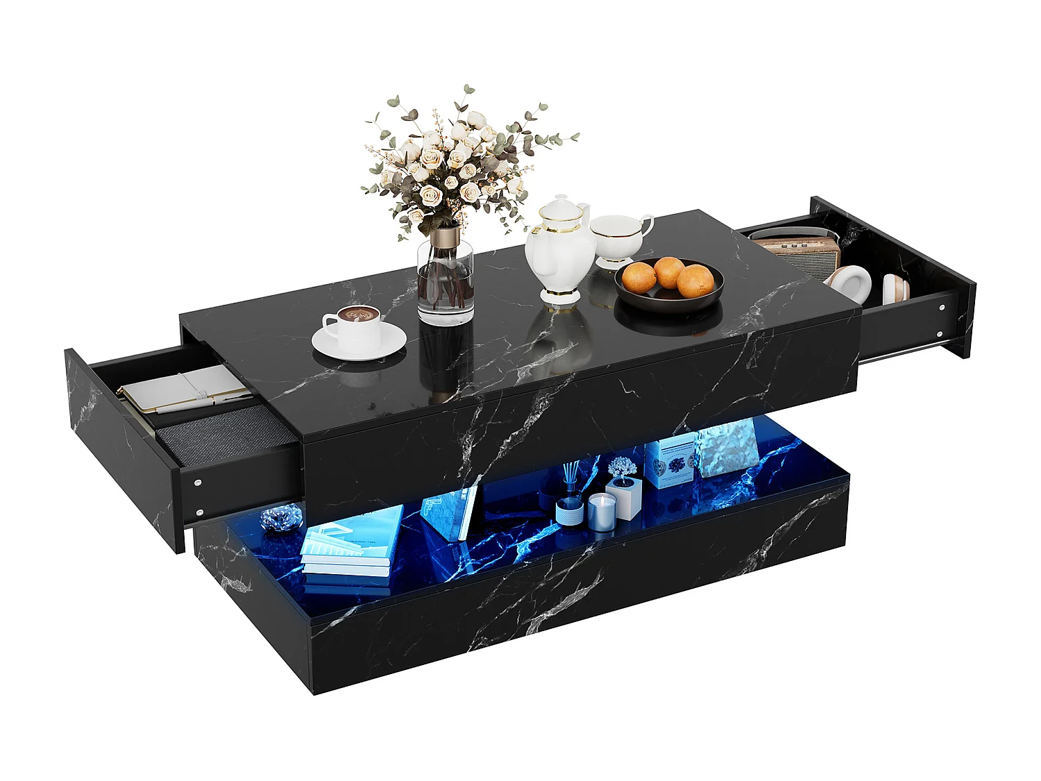 Moderner LED-Couchtisch in Marmoroptik, 2 Schubladen, 100 x 50 x 40 cm, Schwarz