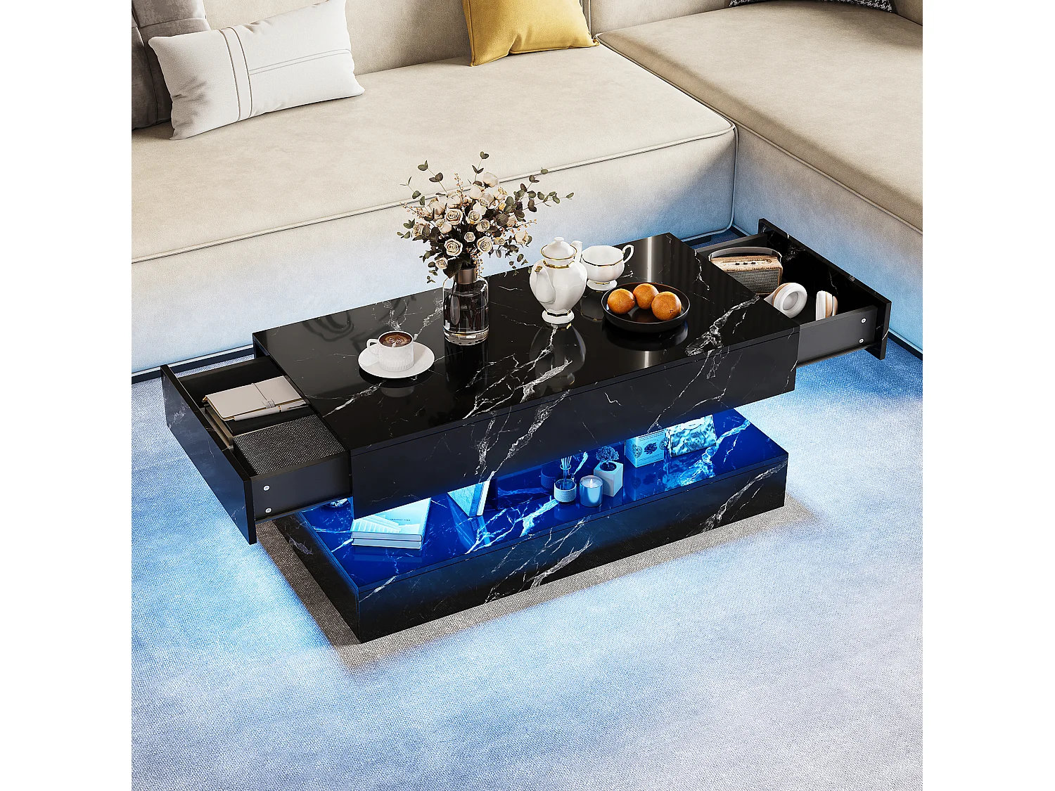 Moderner LED-Couchtisch in Marmoroptik, 2 Schubladen, 100 x 50 x 40 cm, Schwarz