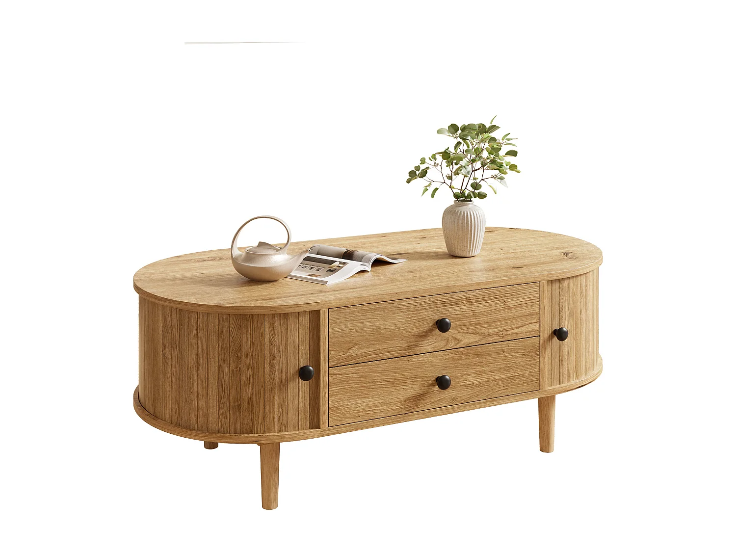 Ovaler Couchtisch fürs Wohnzimmer – 100 x 50 x 40 cm – mit Schiebetüren und 2 Schubladen – MDF – natur