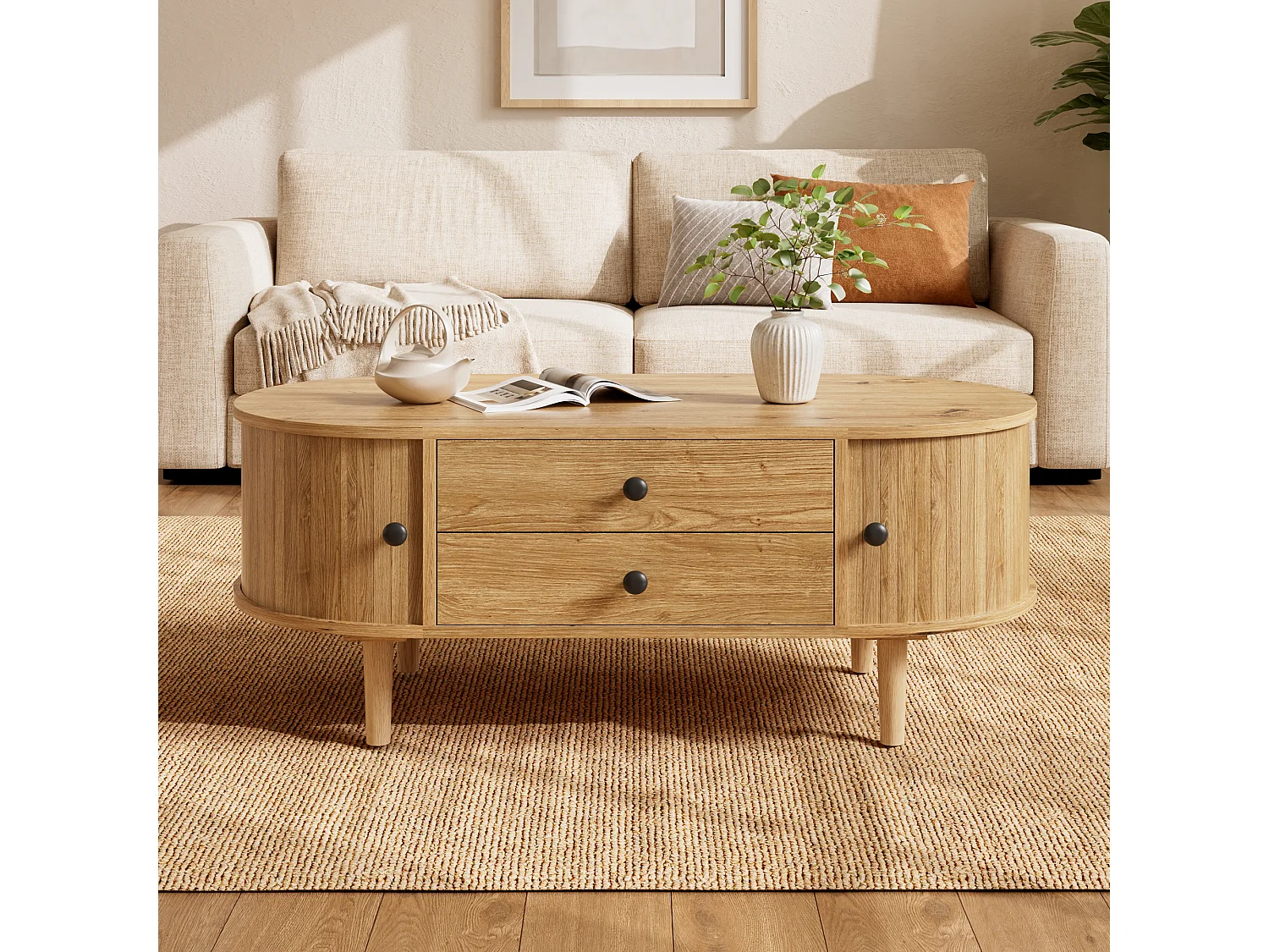 Ovaler Couchtisch fürs Wohnzimmer – 100 x 50 x 40 cm – mit Schiebetüren und 2 Schubladen – MDF – natur