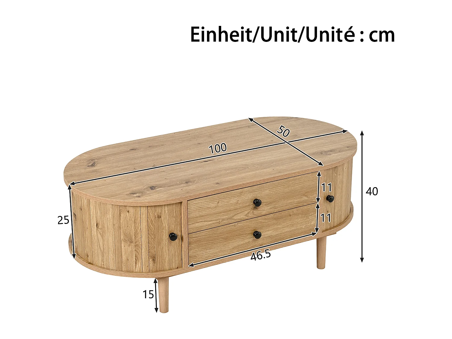 Ovaler Couchtisch fürs Wohnzimmer – 100 x 50 x 40 cm – mit Schiebetüren und 2 Schubladen – MDF – natur