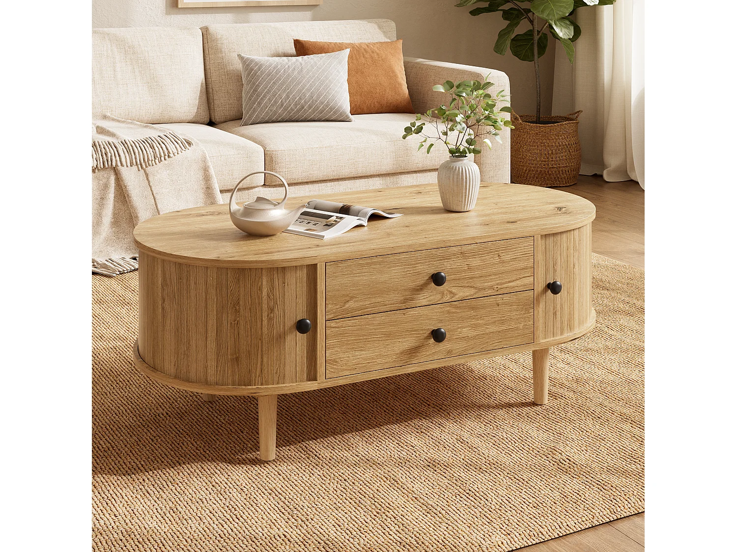 Ovaler Couchtisch fürs Wohnzimmer – 100 x 50 x 40 cm – mit Schiebetüren und 2 Schubladen – MDF – natur