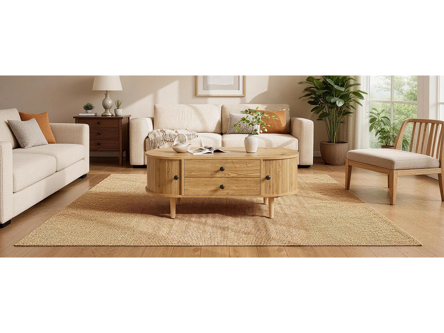 Ovaler Couchtisch fürs Wohnzimmer – 100 x 50 x 40 cm – mit Schiebetüren und 2 Schubladen – MDF – natur