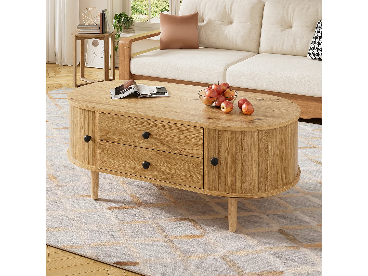 Ovaler Couchtisch fürs Wohnzimmer – 100 x 50 x 40 cm – mit Schiebetüren und 2 Schubladen – MDF – natur
