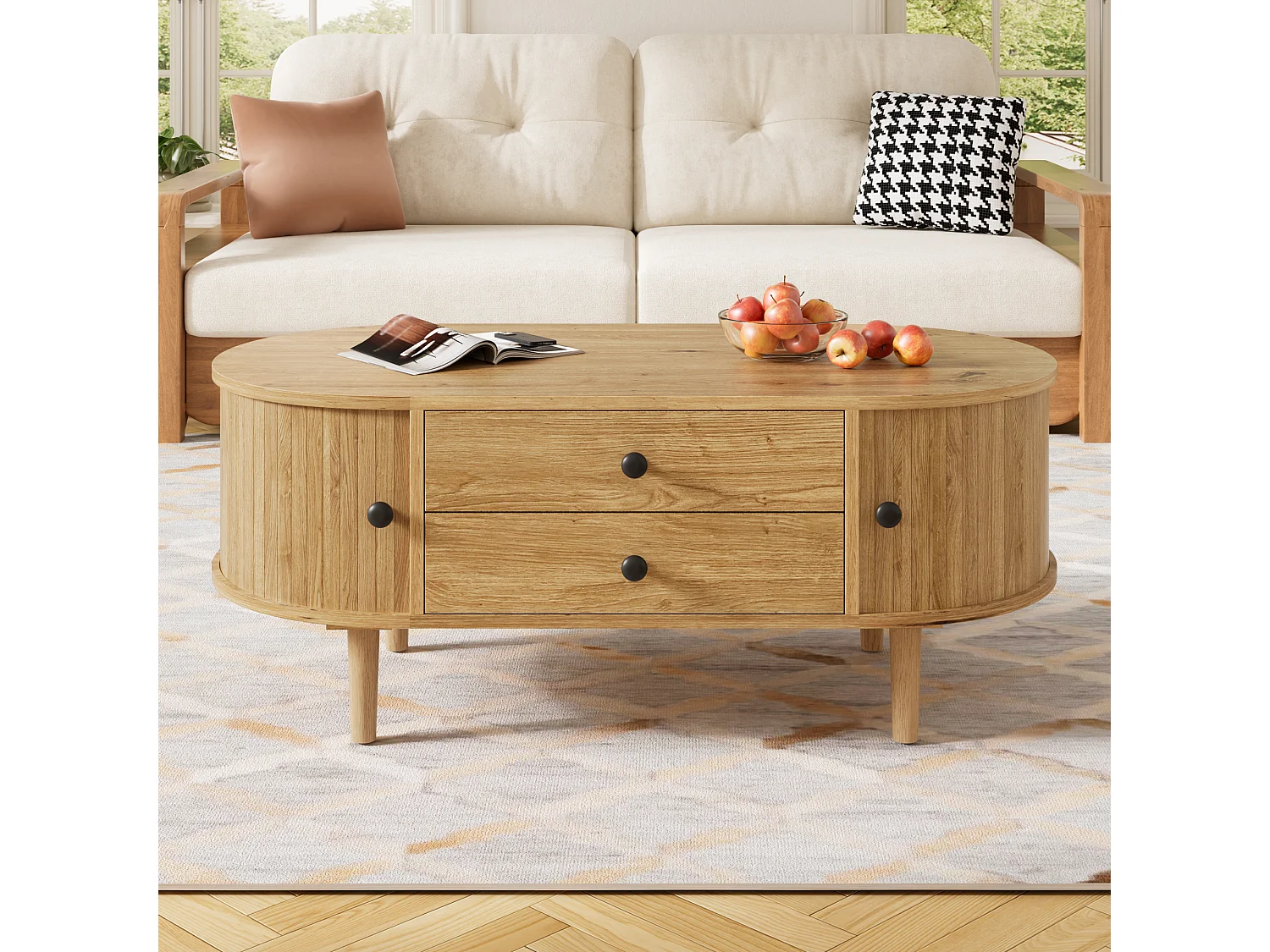 Ovaler Couchtisch fürs Wohnzimmer – 100 x 50 x 40 cm – mit Schiebetüren und 2 Schubladen – MDF – natur