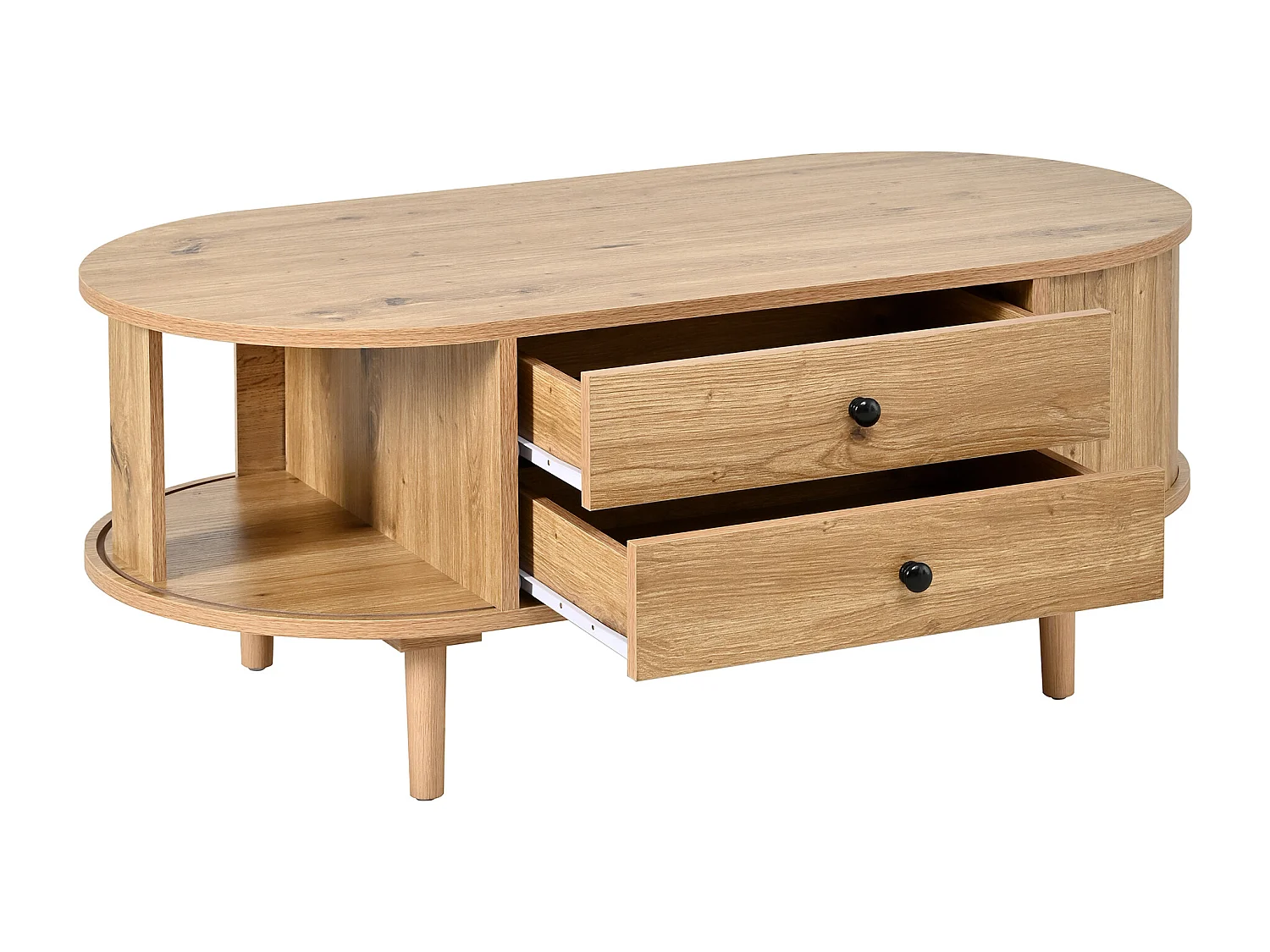 Ovaler Couchtisch fürs Wohnzimmer – 100 x 50 x 40 cm – mit Schiebetüren und 2 Schubladen – MDF – natur