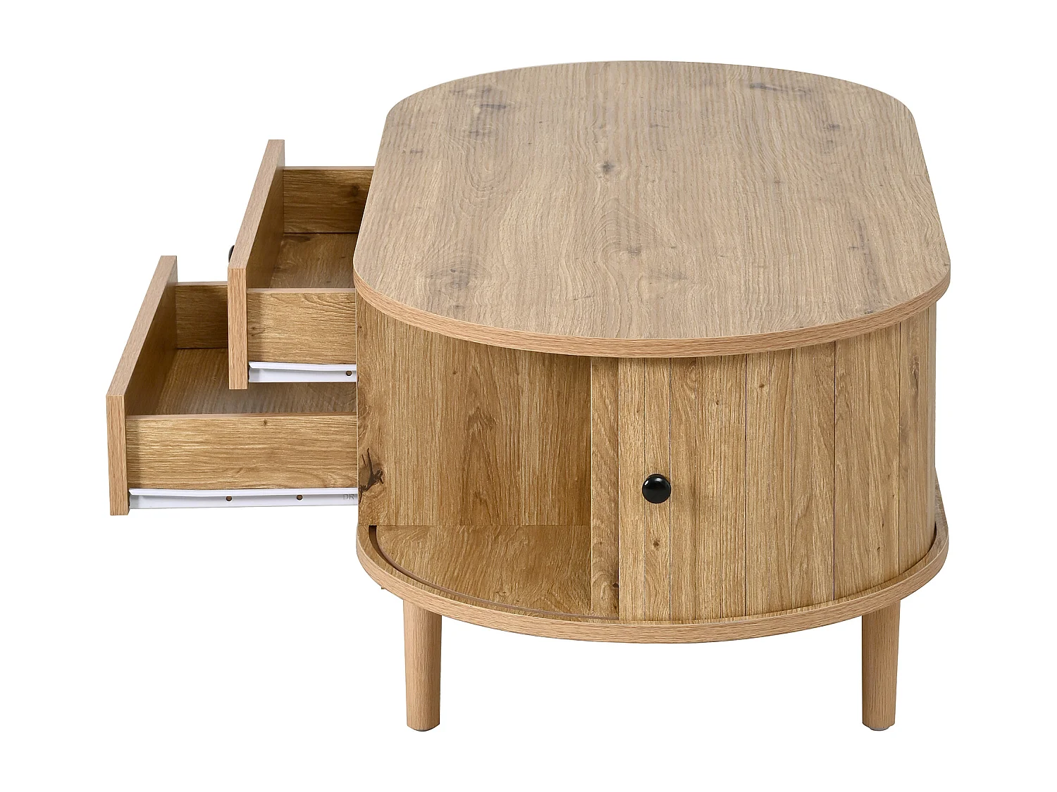 Ovaler Couchtisch fürs Wohnzimmer – 100 x 50 x 40 cm – mit Schiebetüren und 2 Schubladen – MDF – natur