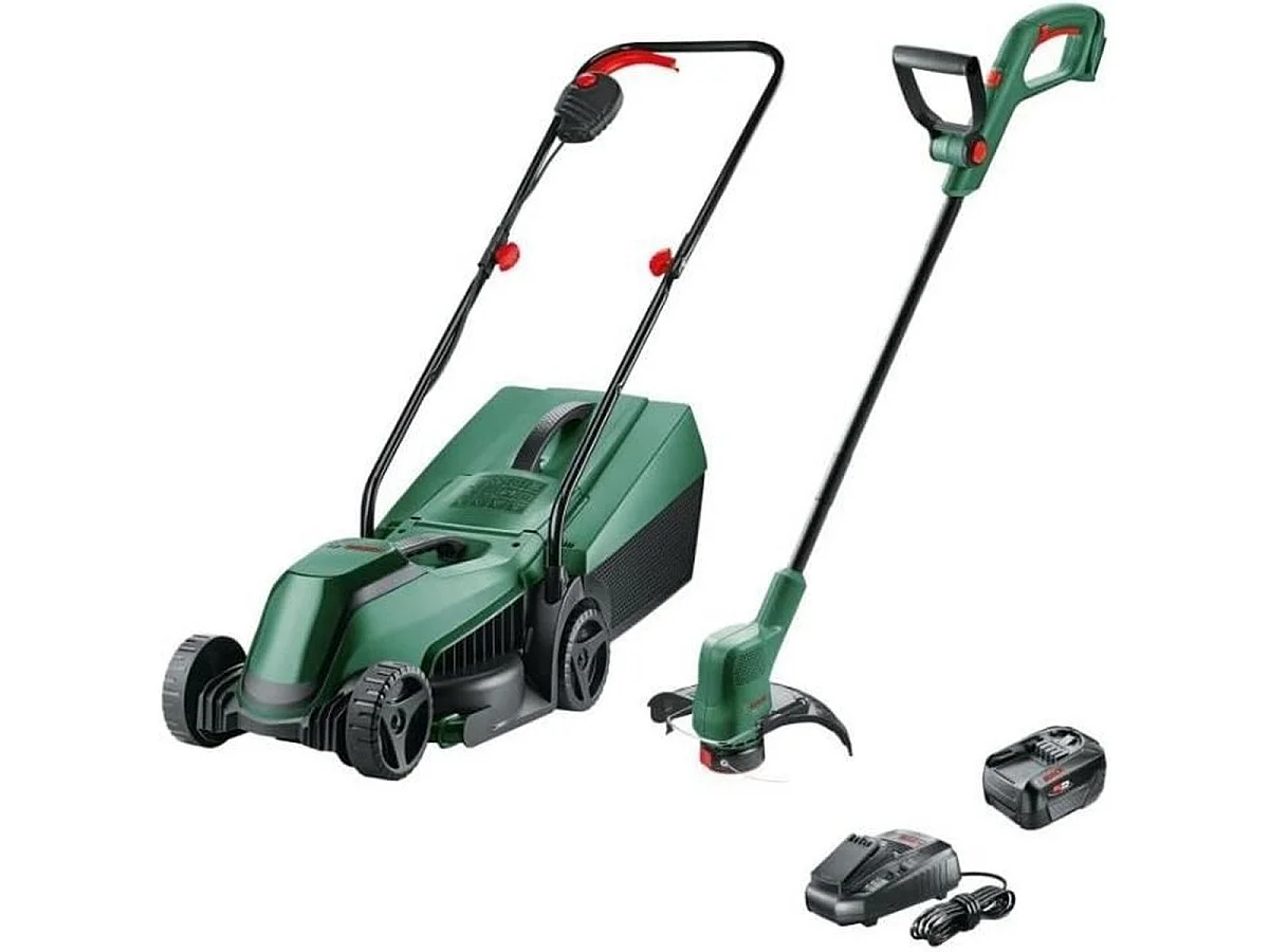 Bosch Pack 18V EasyMower + EasyGrassCut + Batteria + Caricabatterie - Set per la Manutenzione del Prato