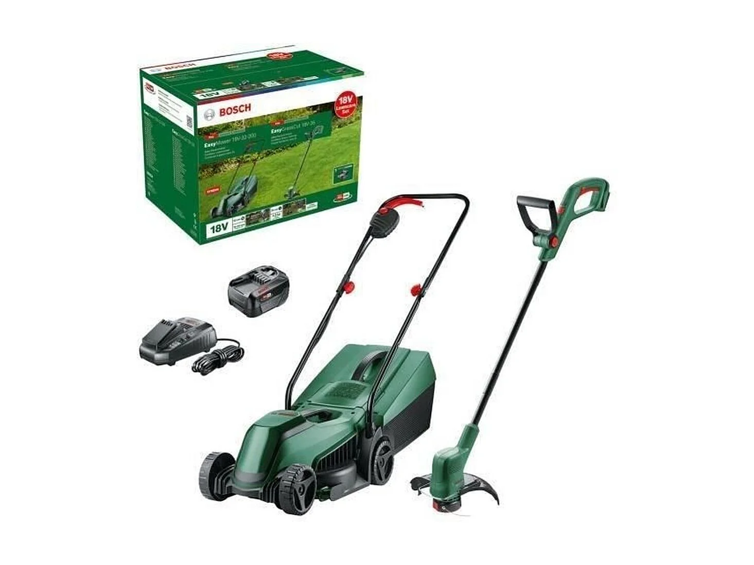 Bosch Pack 18V EasyMower + EasyGrassCut + Batteria + Caricabatterie - Set per la Manutenzione del Prato