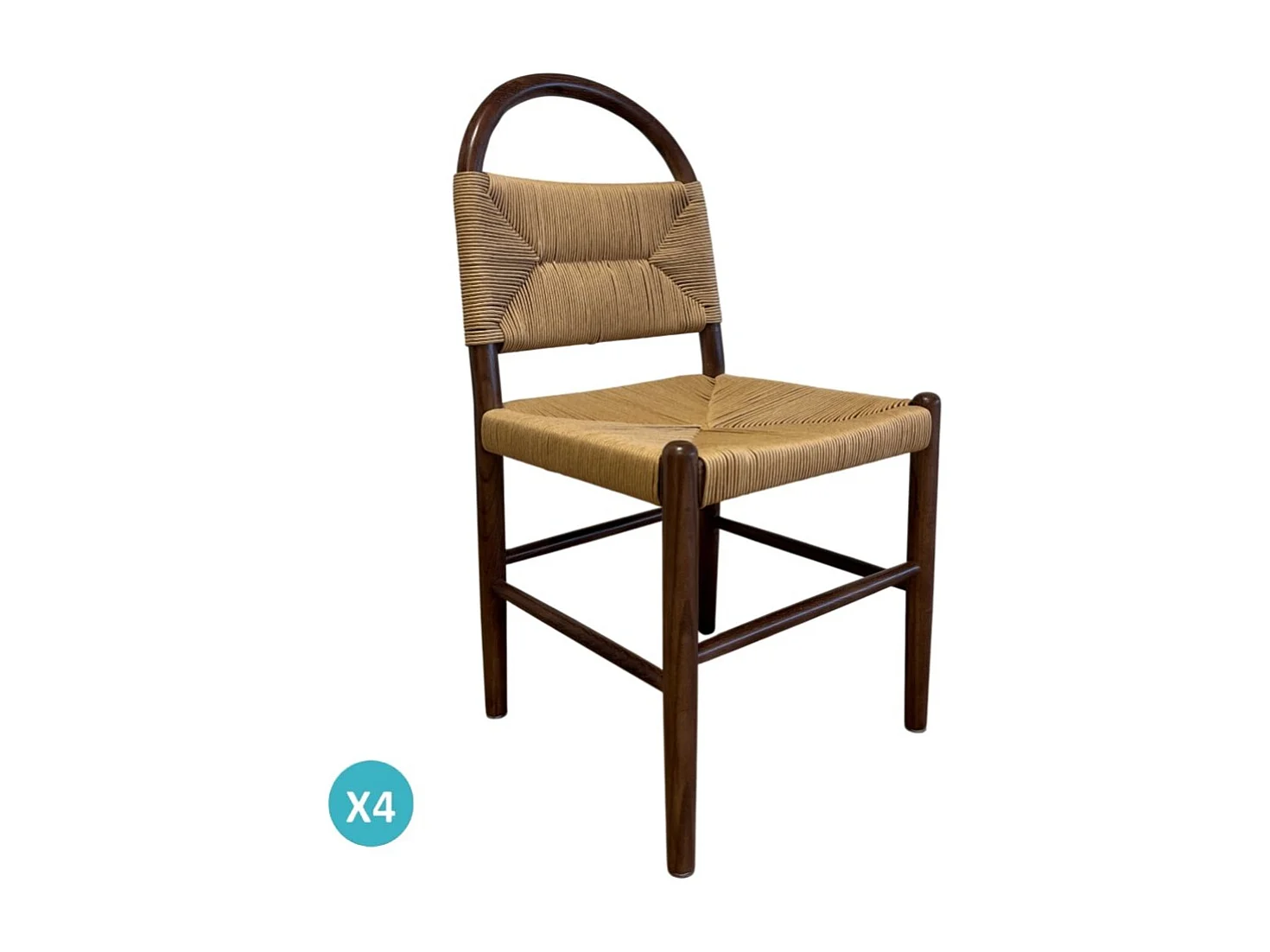 Lot de 4 chaises en bois de frêne couleur noyer avec assise tressée