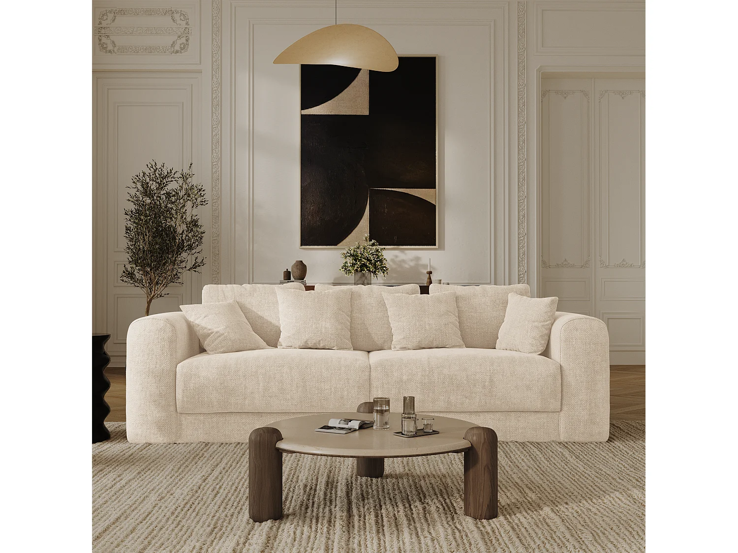 Canapé convertible coffre noyer 4 places RIO en tissu tramé beige