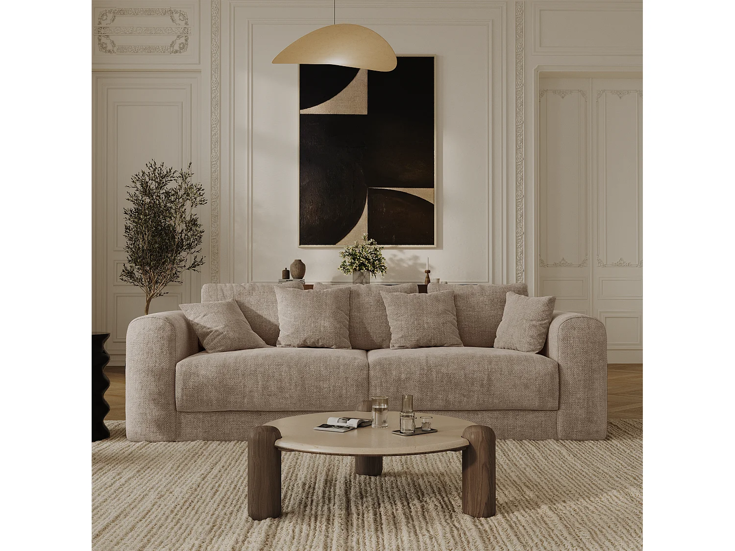 Canapé convertible coffre noyer 4 places RIO en tissu tramé taupe