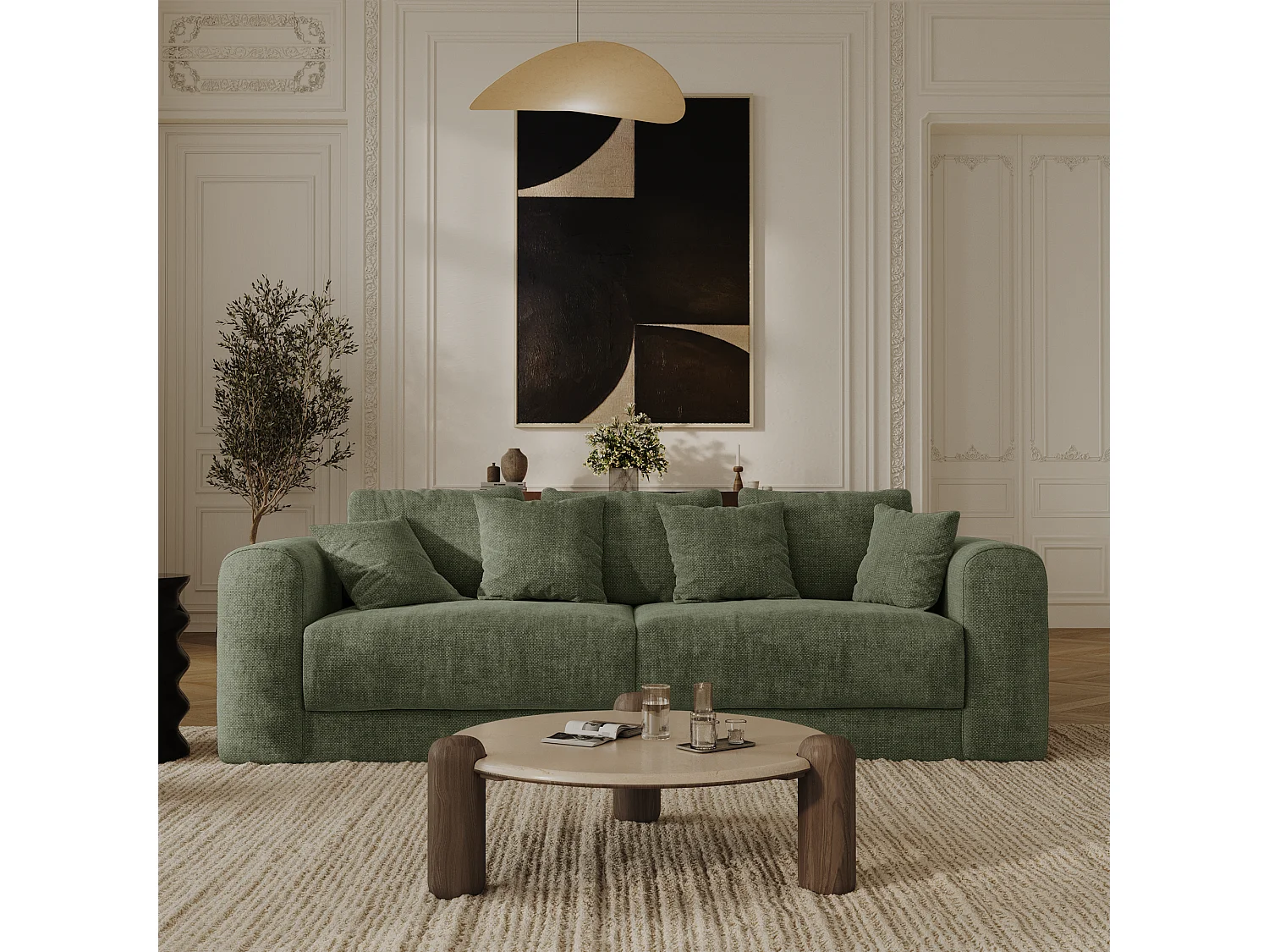 Canapé convertible coffre noyer 4 places RIO en tissu tramé vert vintage