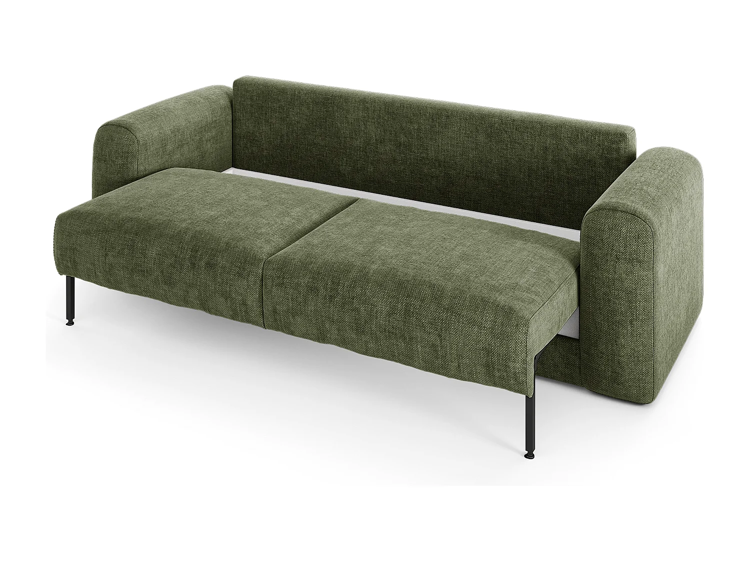 Canapé convertible coffre noyer 4 places RIO en tissu tramé vert vintage