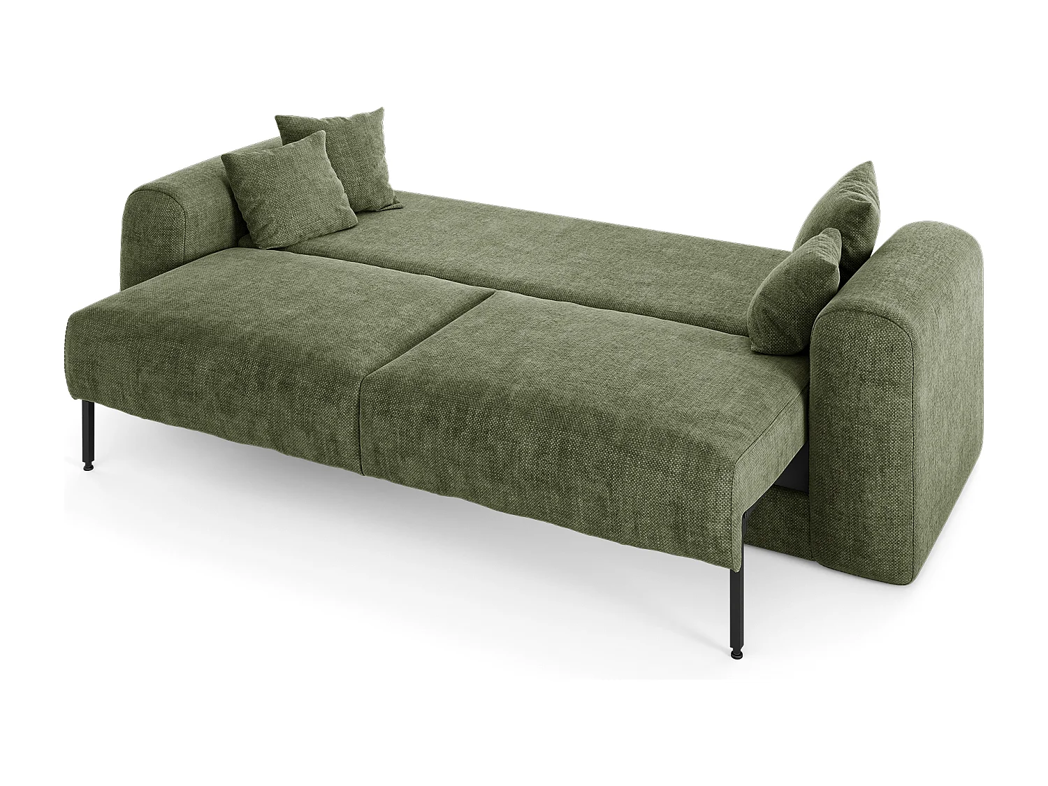 Canapé convertible coffre noyer 4 places RIO en tissu tramé vert vintage