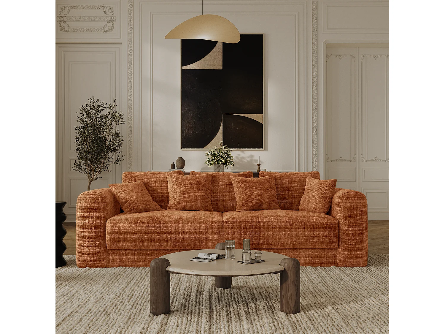 Canapé convertible coffre noyer 4 places RIO en velours gaufré terracotta