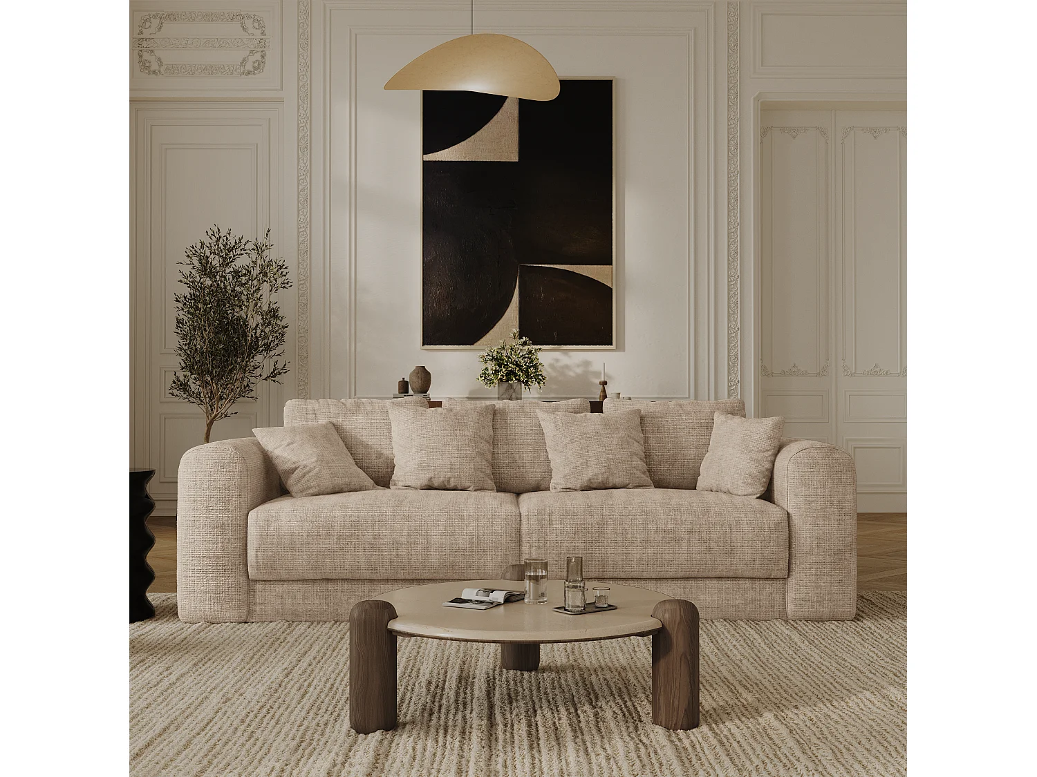 Canapé convertible coffre noyer 4 places RIO en velours gaufré beige