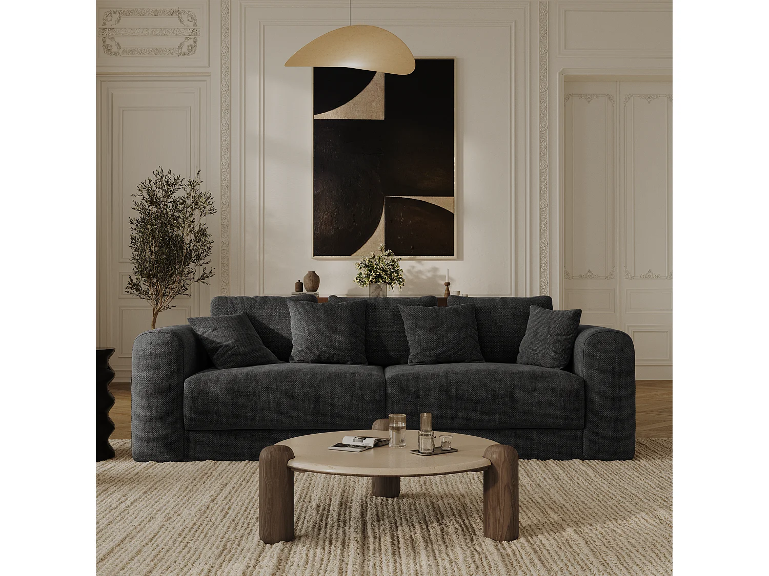 Canapé convertible coffre noyer 4 places RIO en tissu tramé anthracite foncé