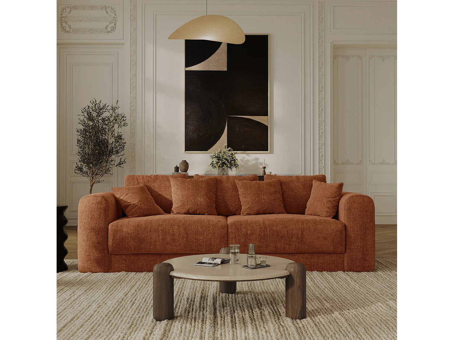 Canapé convertible coffre noyer 4 places RIO en tissu tramé terracotta