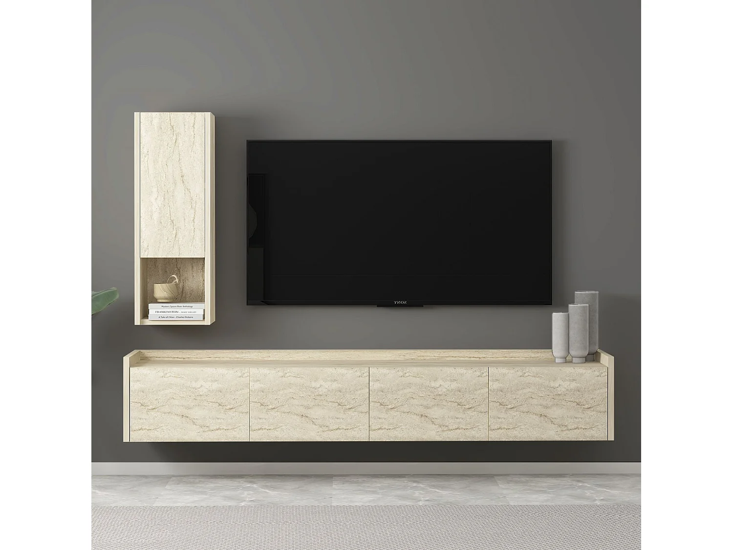 TV-Möbel mit Wandregal aus Holz "Sema" - 160 x 30 x 35 cm - Travertin