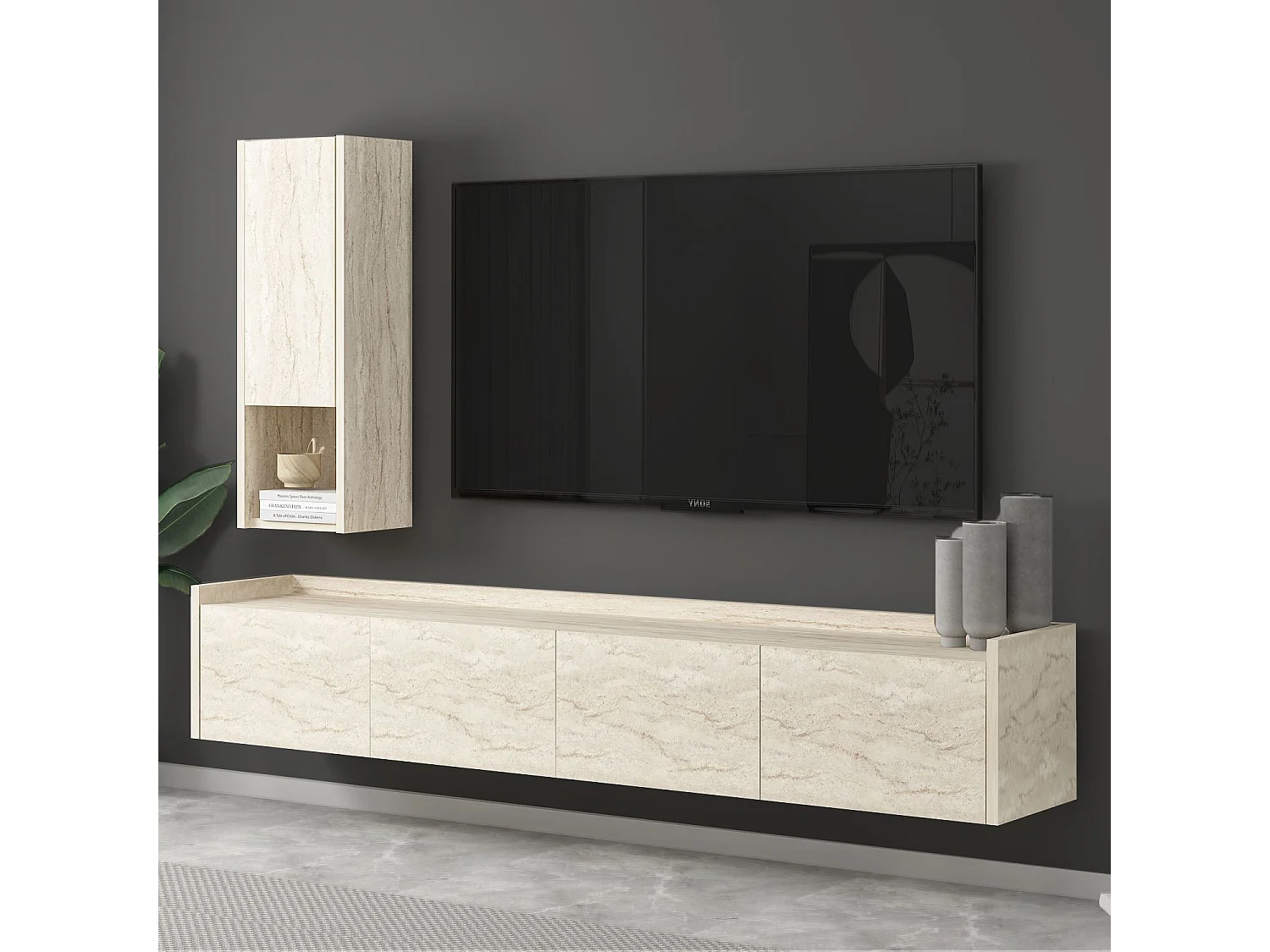 Modern TV-bänk i trä "Sema" med vägghylla - Travertin - 160 x 30 x 35 cm