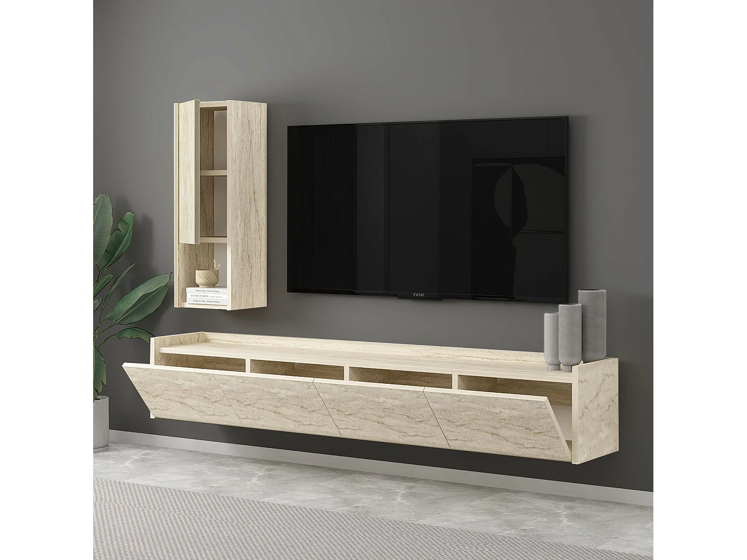 Modern TV-bänk i trä "Sema" med vägghylla - Travertin - 160 x 30 x 35 cm