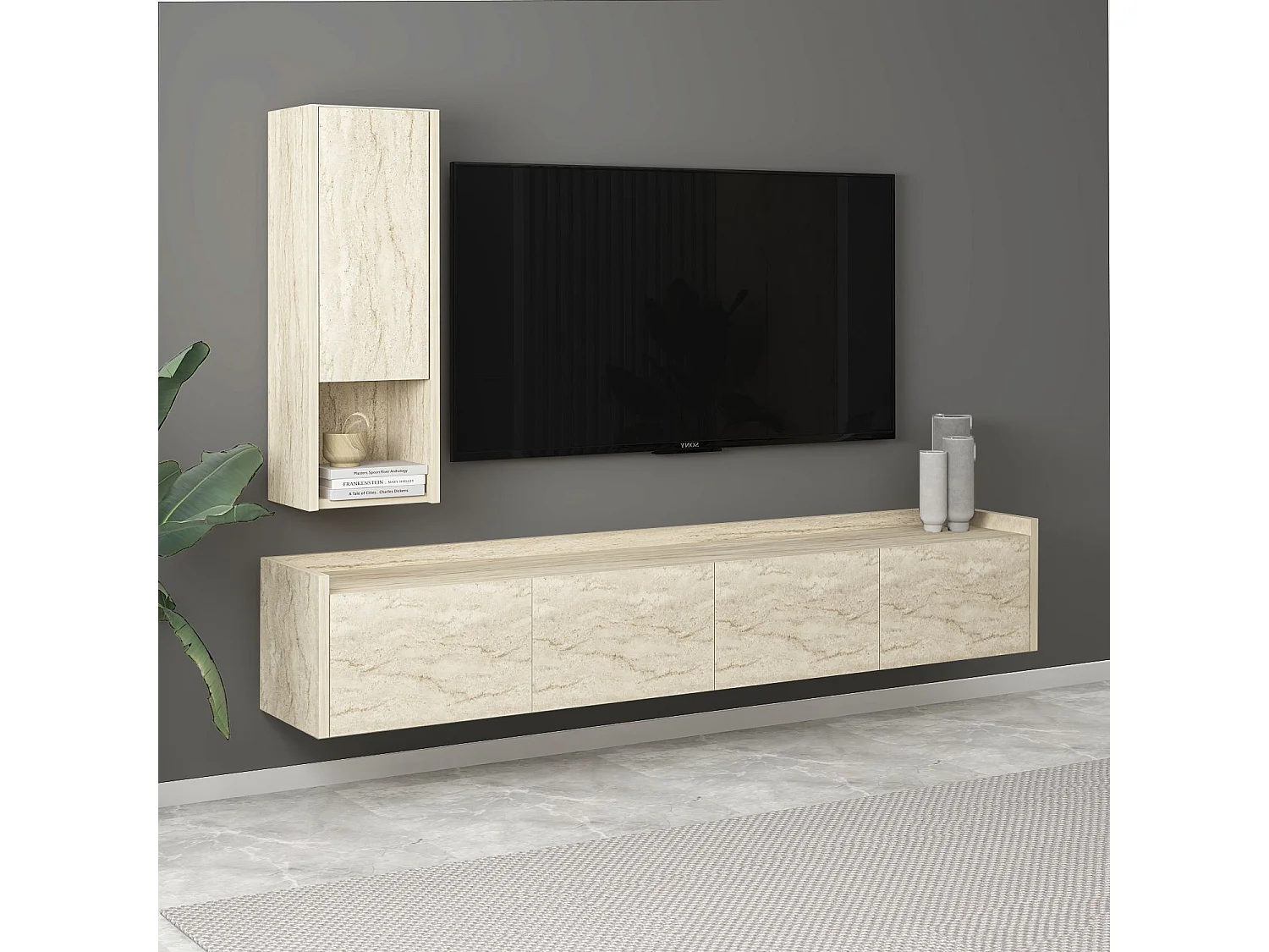 Modern TV-bänk i trä "Sema" med vägghylla - Travertin - 160 x 30 x 35 cm