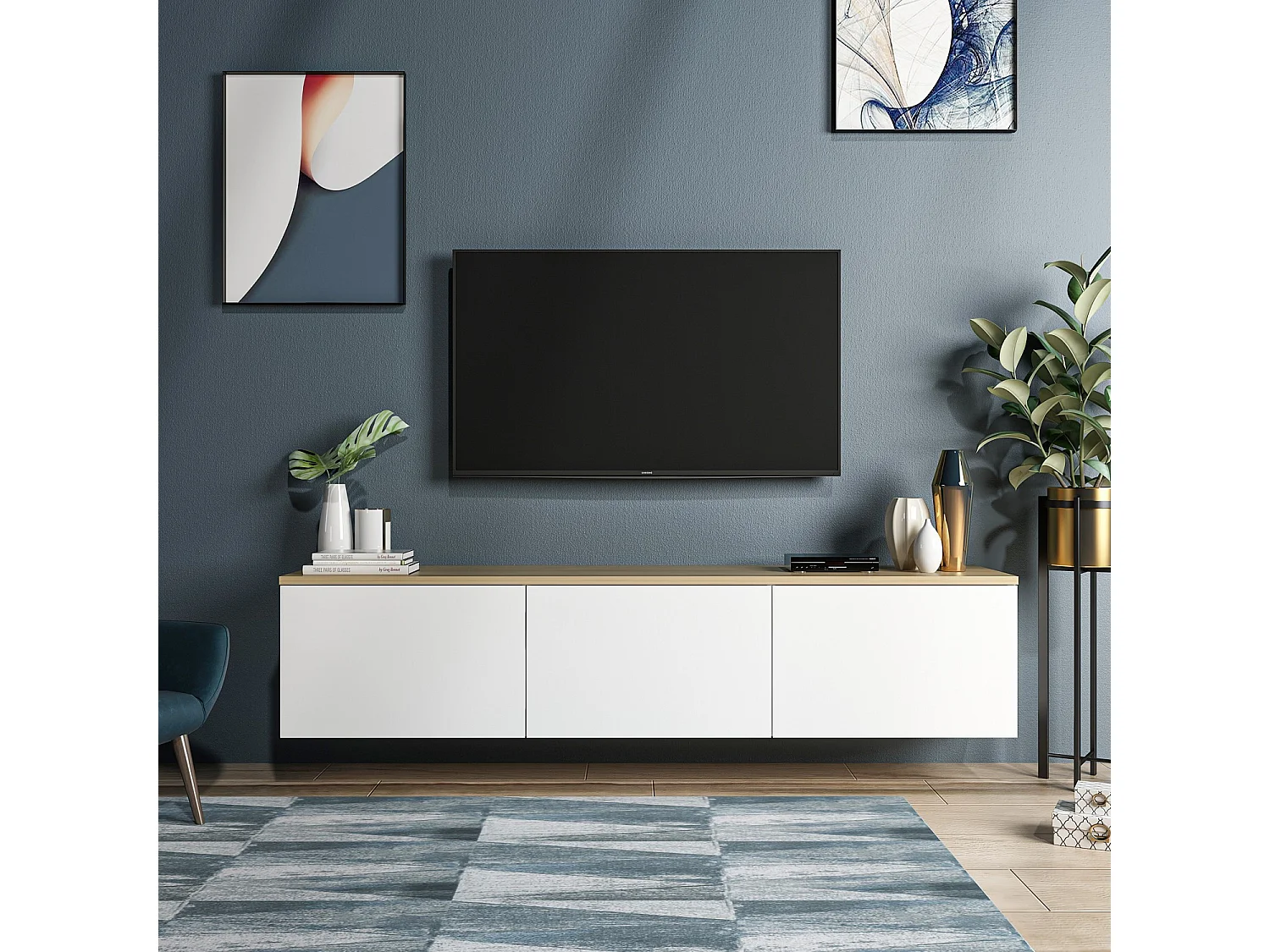 Moderne witte eikenhouten tv-standaard "Neon" - 160 x 32 x 35 cm - 3.0 deuren