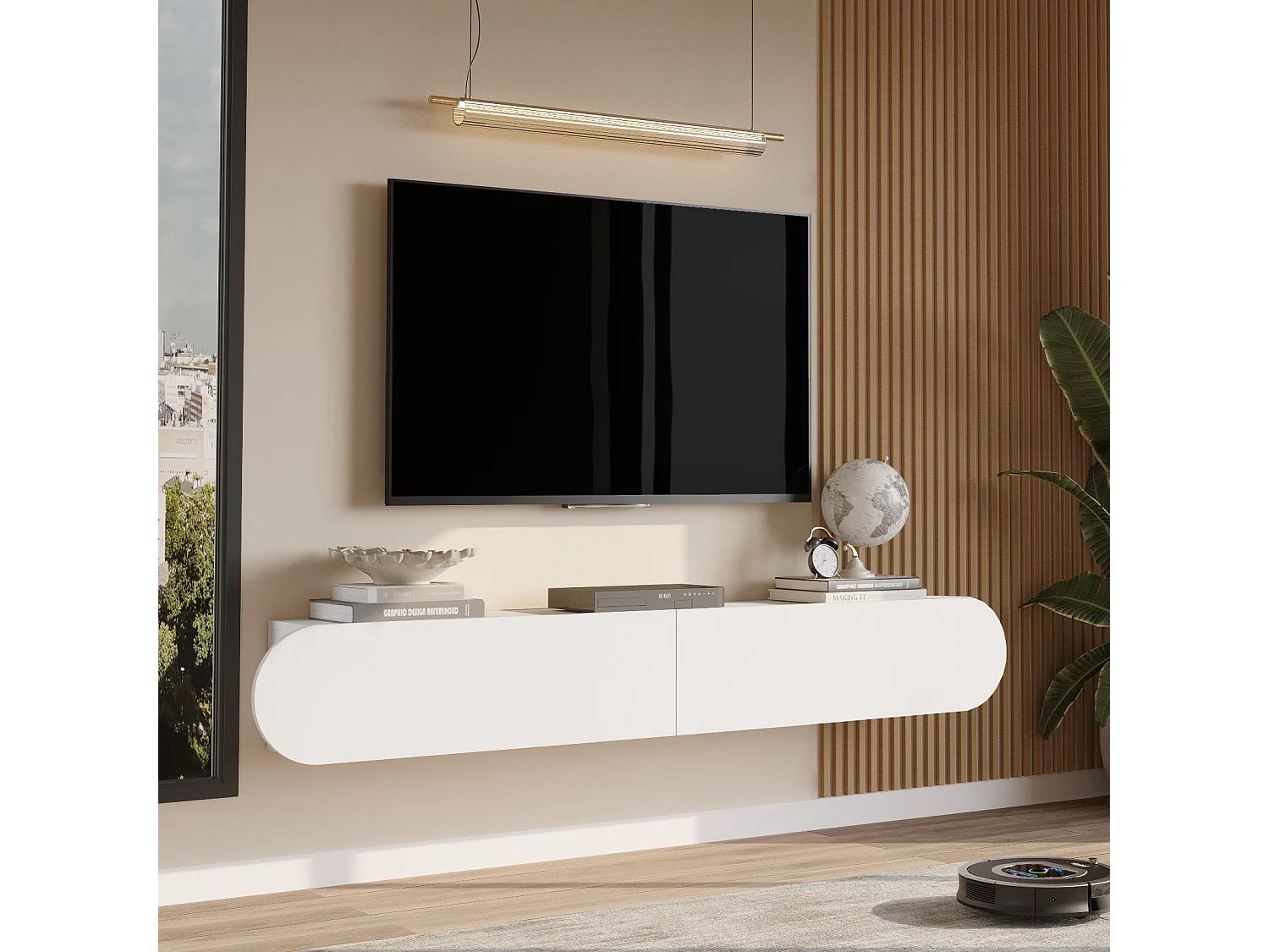 Meuble TV en bois "LUM1" - 180 x 31 x 29 cm - Blanc