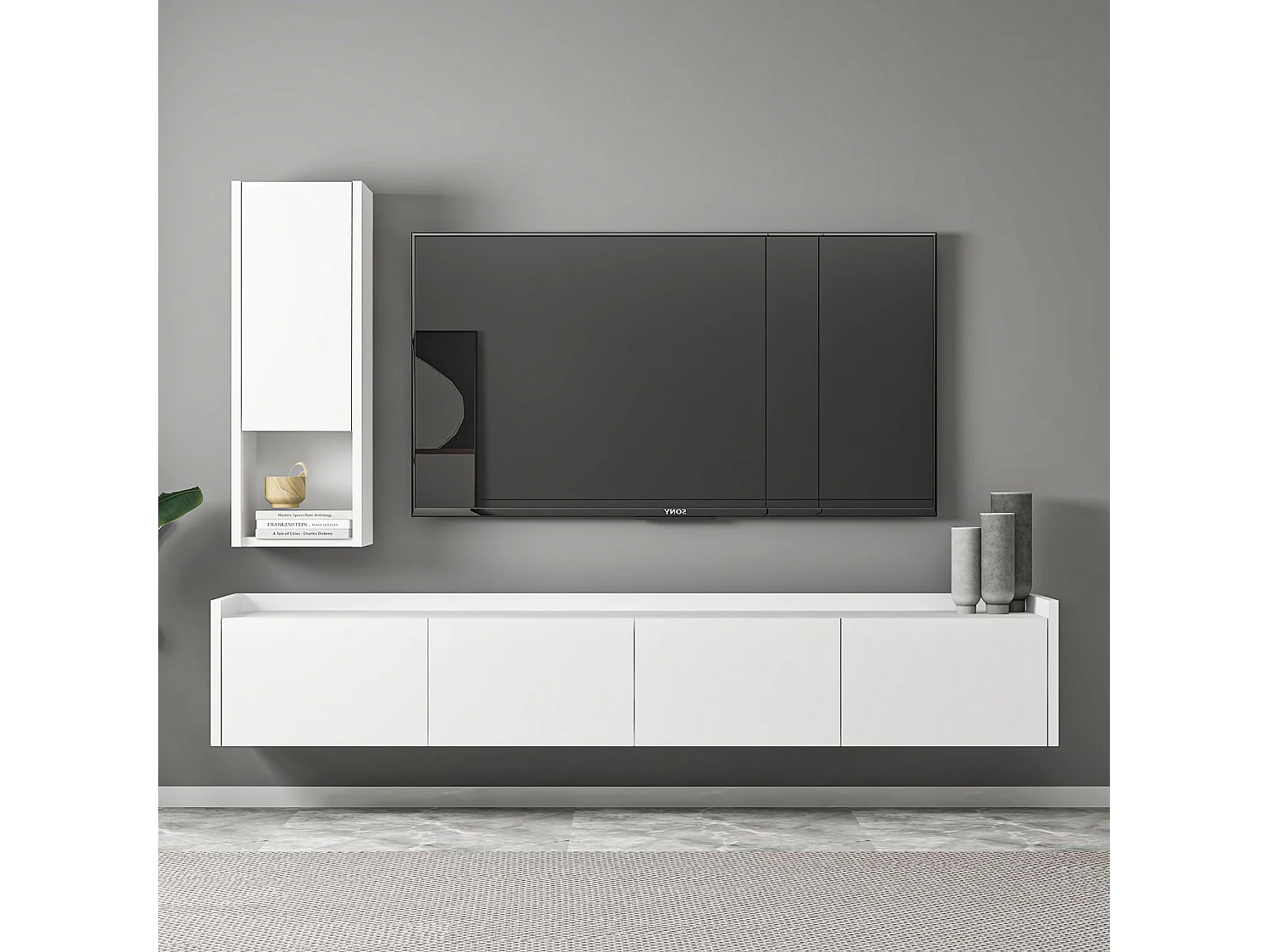 TV-Möbel mit Wandregal aus Holz "Sema" - 160 x 30 x 35 cm - Weiß
