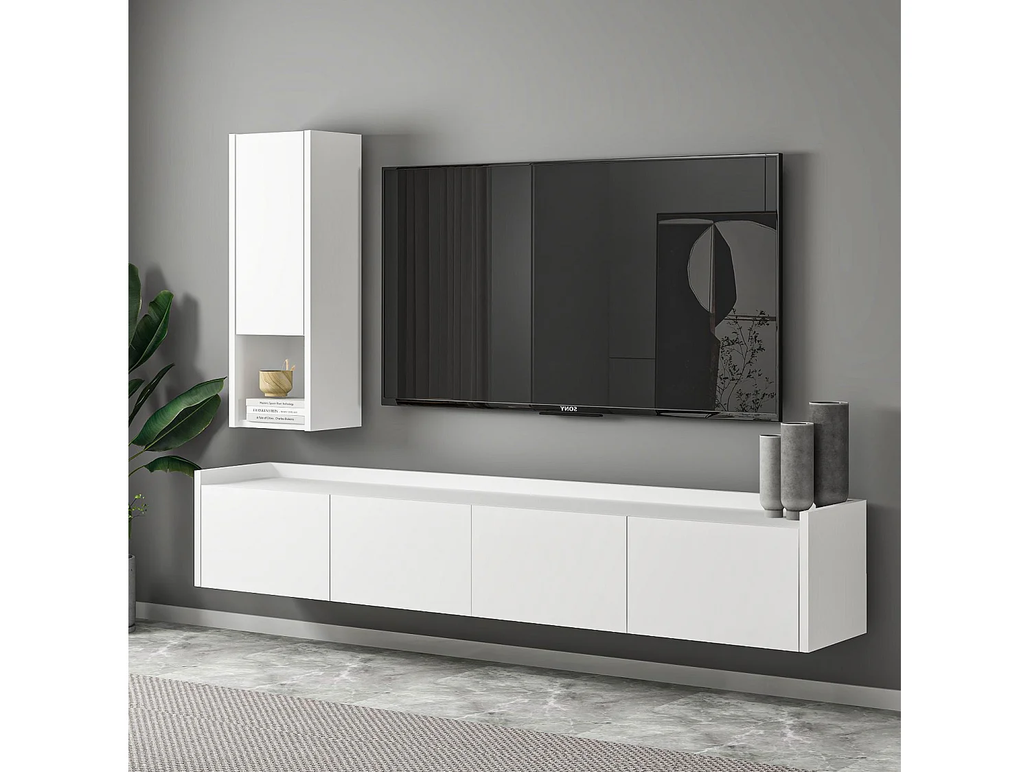 TV-Möbel mit Wandregal aus Holz "Sema" - 160 x 30 x 35 cm - Weiß