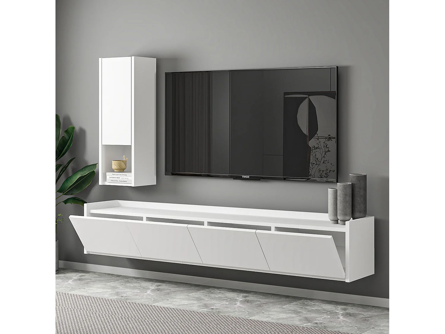 TV-Möbel mit Wandregal aus Holz "Sema" - 160 x 30 x 35 cm - Weiß