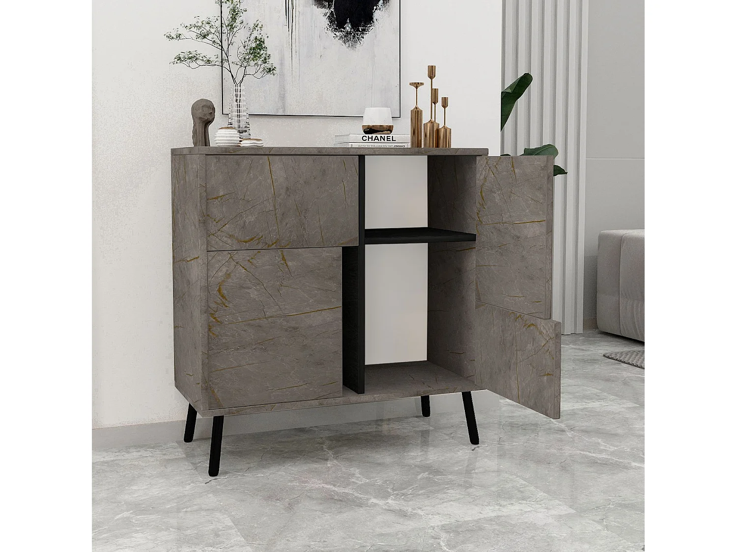"Darien" Trämöbel för Många Ändamål - Marmor/Svart - 76,5 x 35 x 79,5 cm - Väggmonterbar