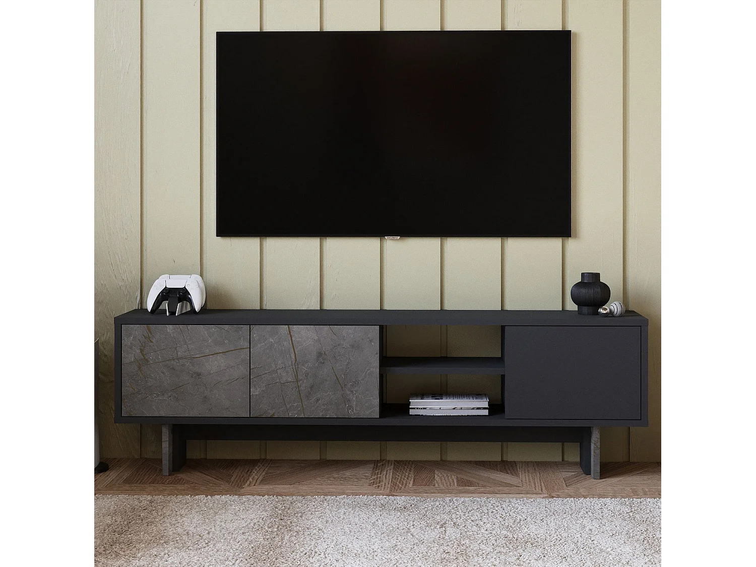 Moderne Antraciet Houten TV-standaard "Ravello" - 150 x 30 x 45 cm - Opbergruimte - Hoge Kwaliteit