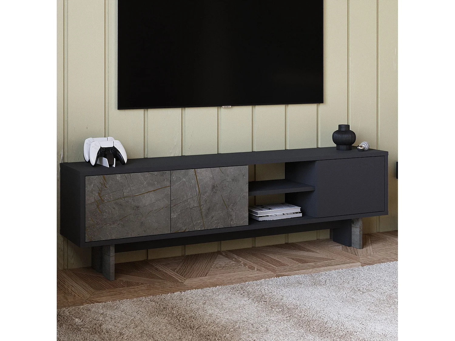 Moderne Antraciet Houten TV-standaard "Ravello" - 150 x 30 x 45 cm - Opbergruimte - Hoge Kwaliteit
