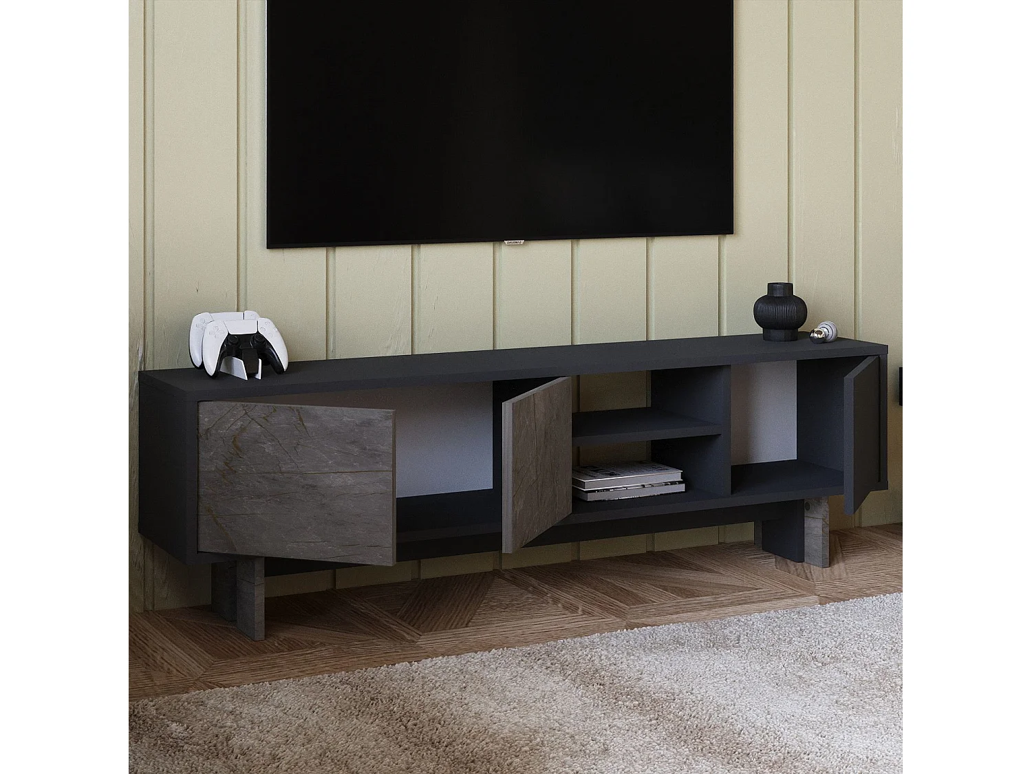 Moderne Antraciet Houten TV-standaard "Ravello" - 150 x 30 x 45 cm - Opbergruimte - Hoge Kwaliteit