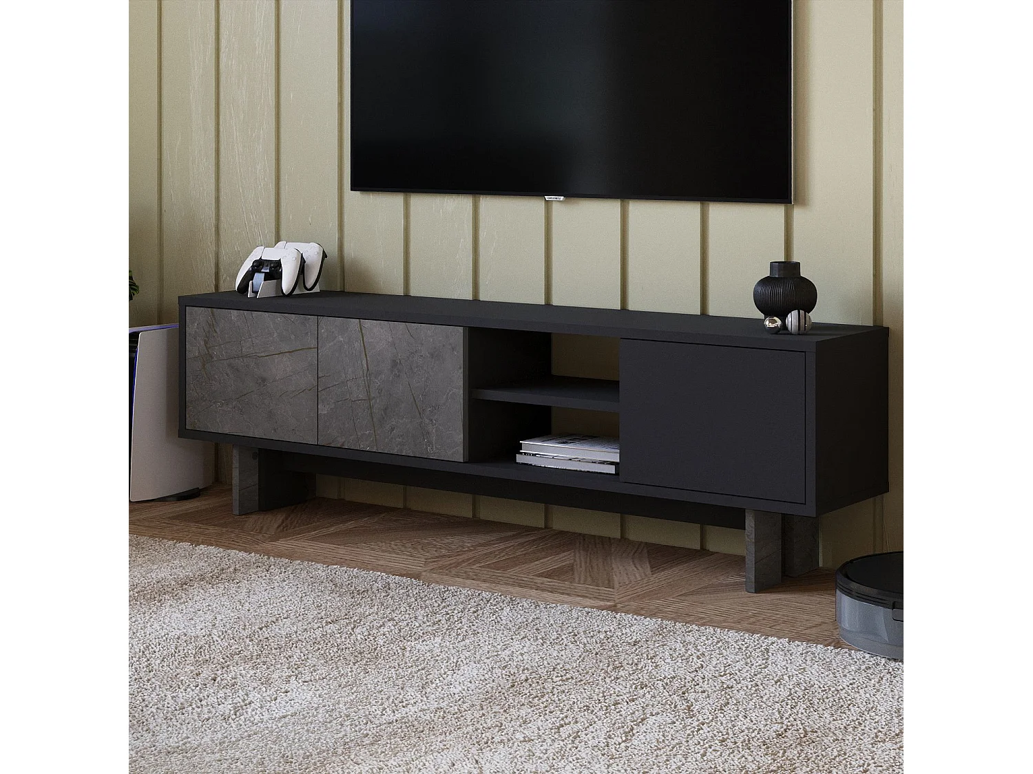 Moderne Antraciet Houten TV-standaard "Ravello" - 150 x 30 x 45 cm - Opbergruimte - Hoge Kwaliteit