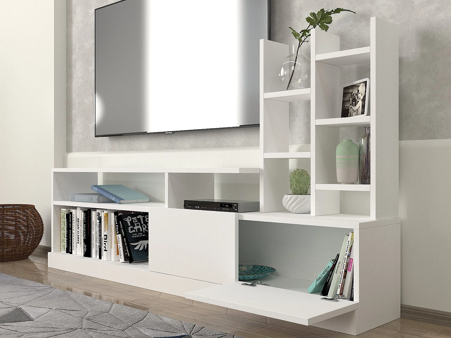 Meuble TV en bois "Dolunay" - 164 x 25 x 91 cm - Blanc