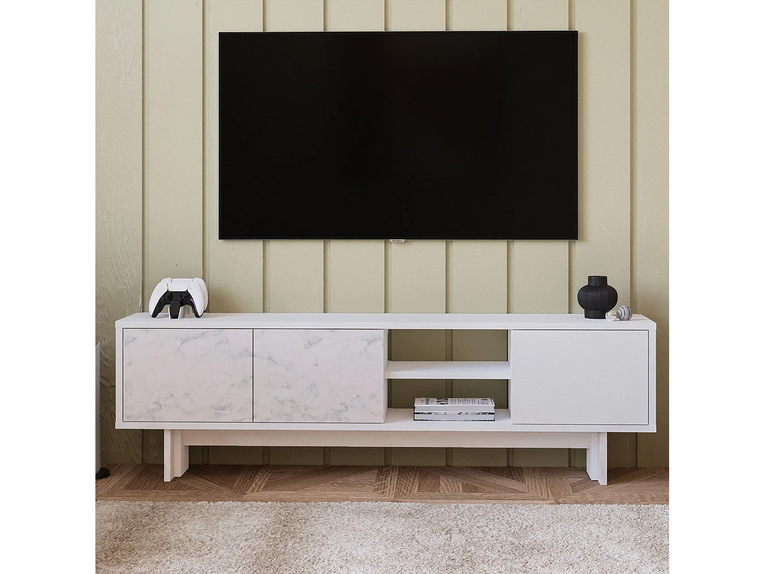 Moderne wit marmeren tv-standaard "Ravello" - 150 x 30 x 45 cm - Houten structuur