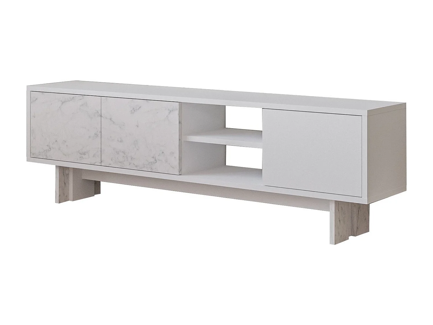 Moderne wit marmeren tv-standaard "Ravello" - 150 x 30 x 45 cm - Houten structuur
