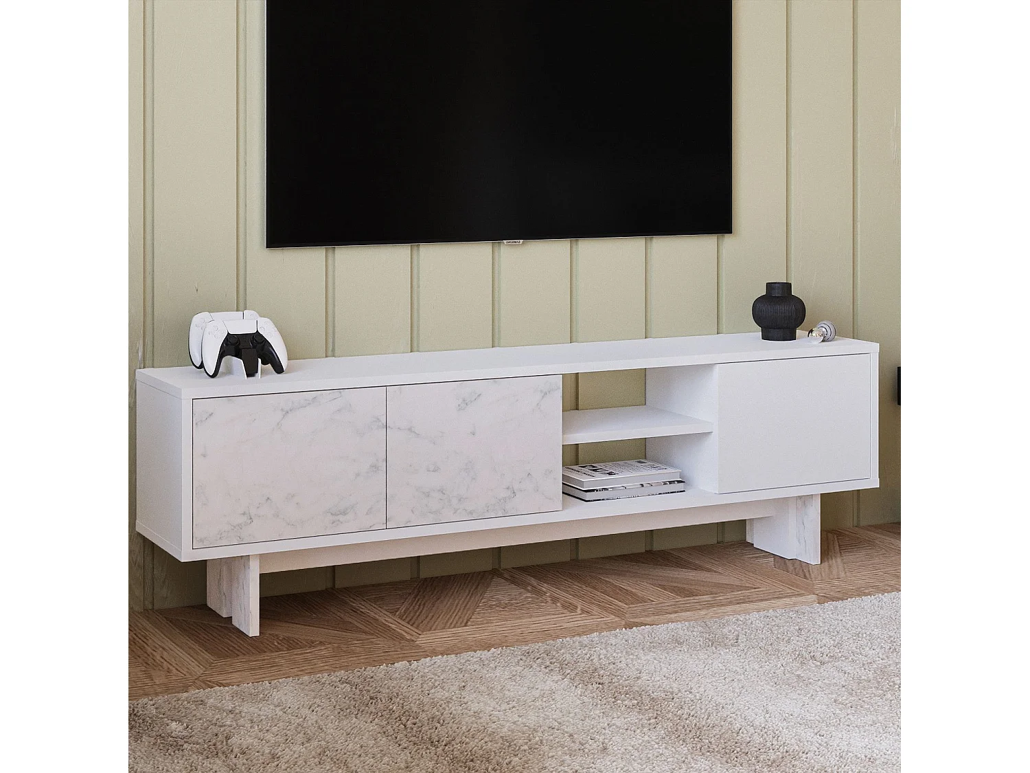 Moderne wit marmeren tv-standaard "Ravello" - 150 x 30 x 45 cm - Houten structuur