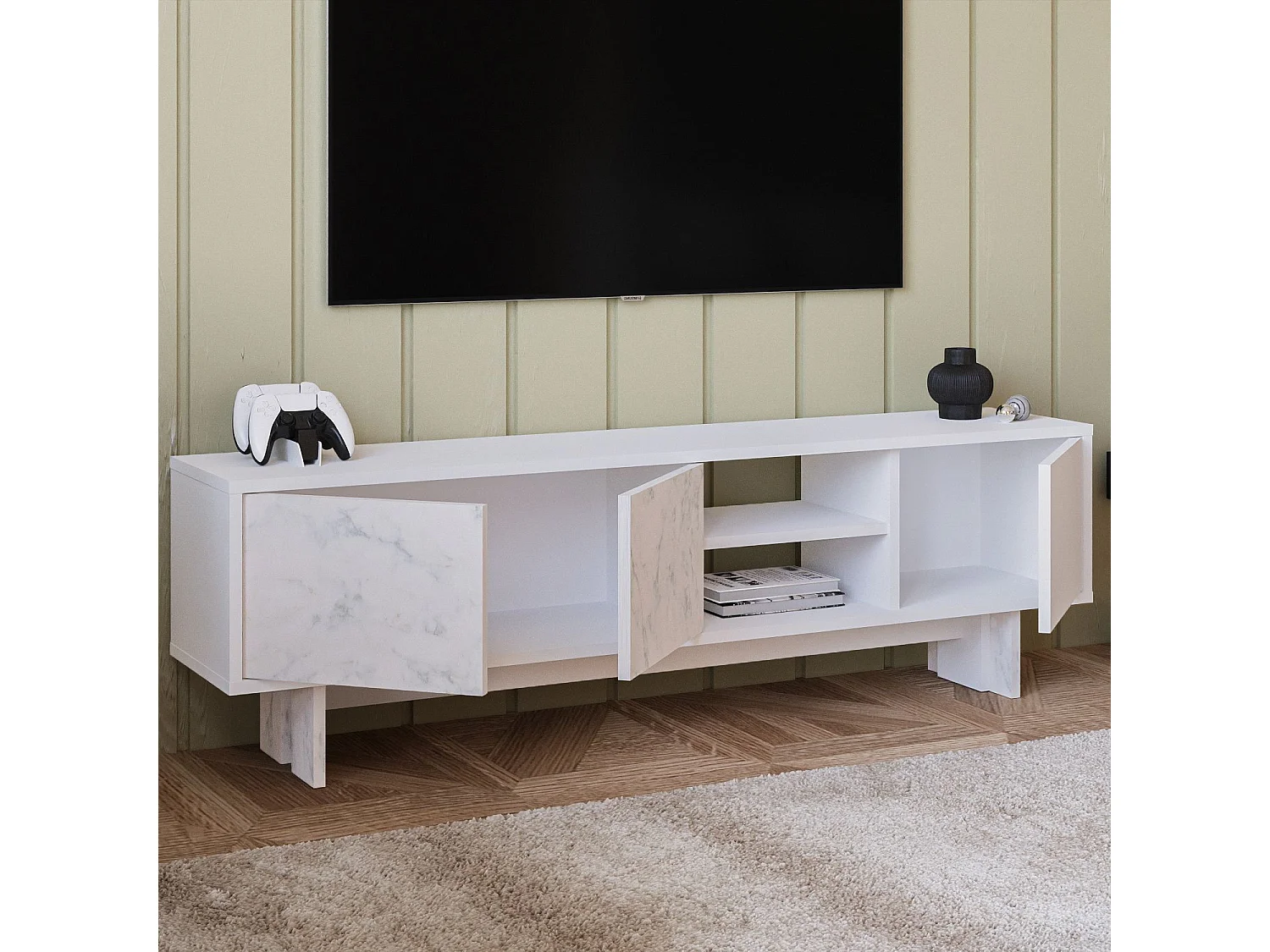 Moderne wit marmeren tv-standaard "Ravello" - 150 x 30 x 45 cm - Houten structuur