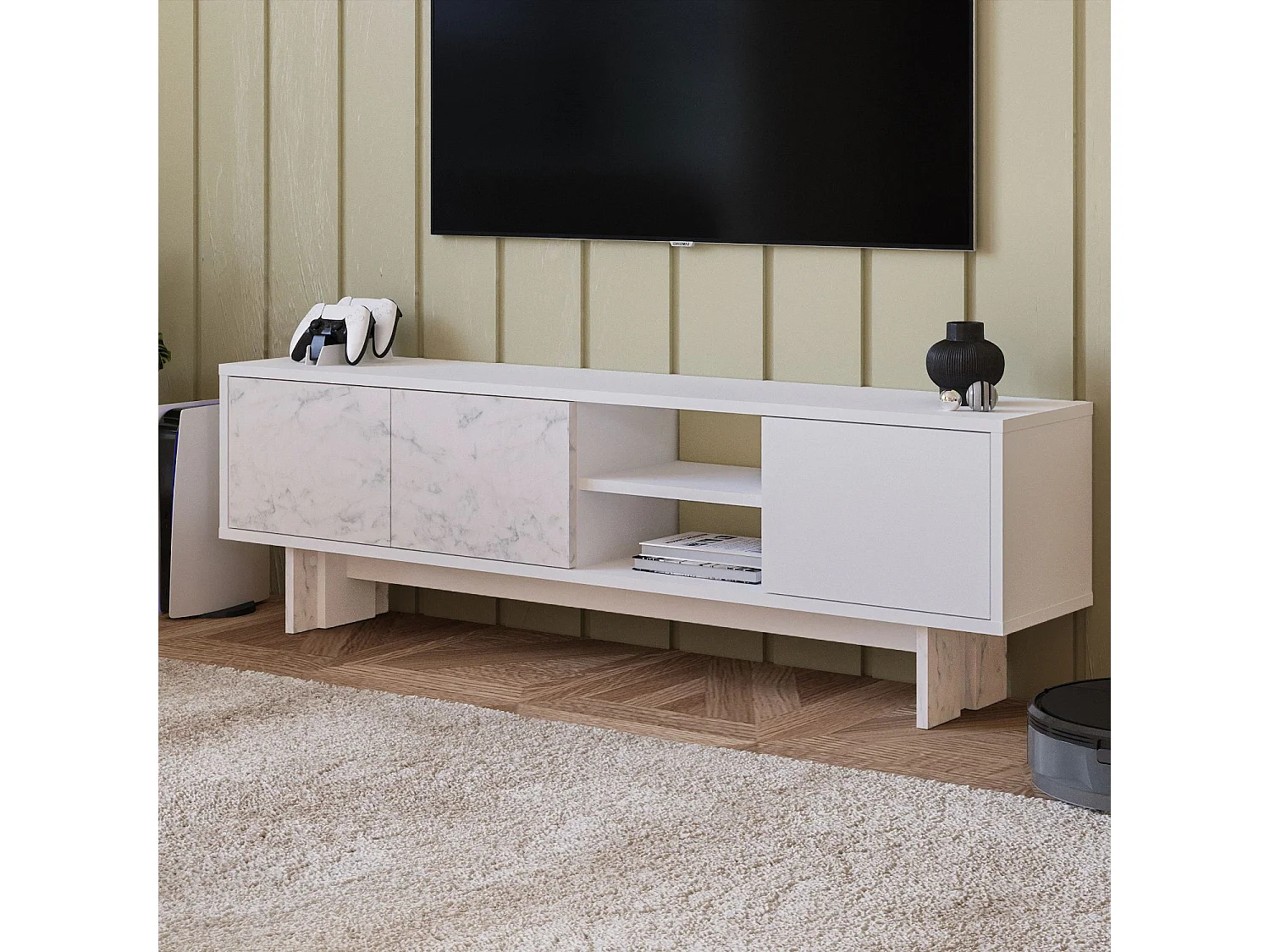 Moderne wit marmeren tv-standaard "Ravello" - 150 x 30 x 45 cm - Houten structuur